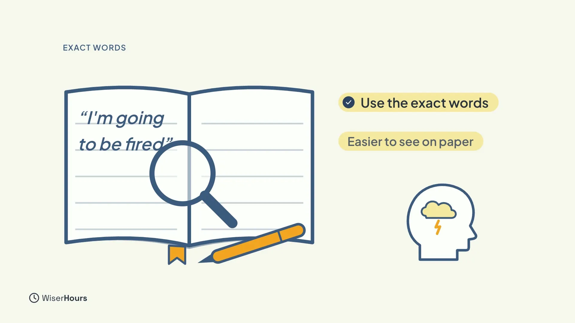 An open notebook with the words I'm going to be fired in quote marks, and a magnifying glass over them. Labels read Use the exact words and Easier to see on paper.