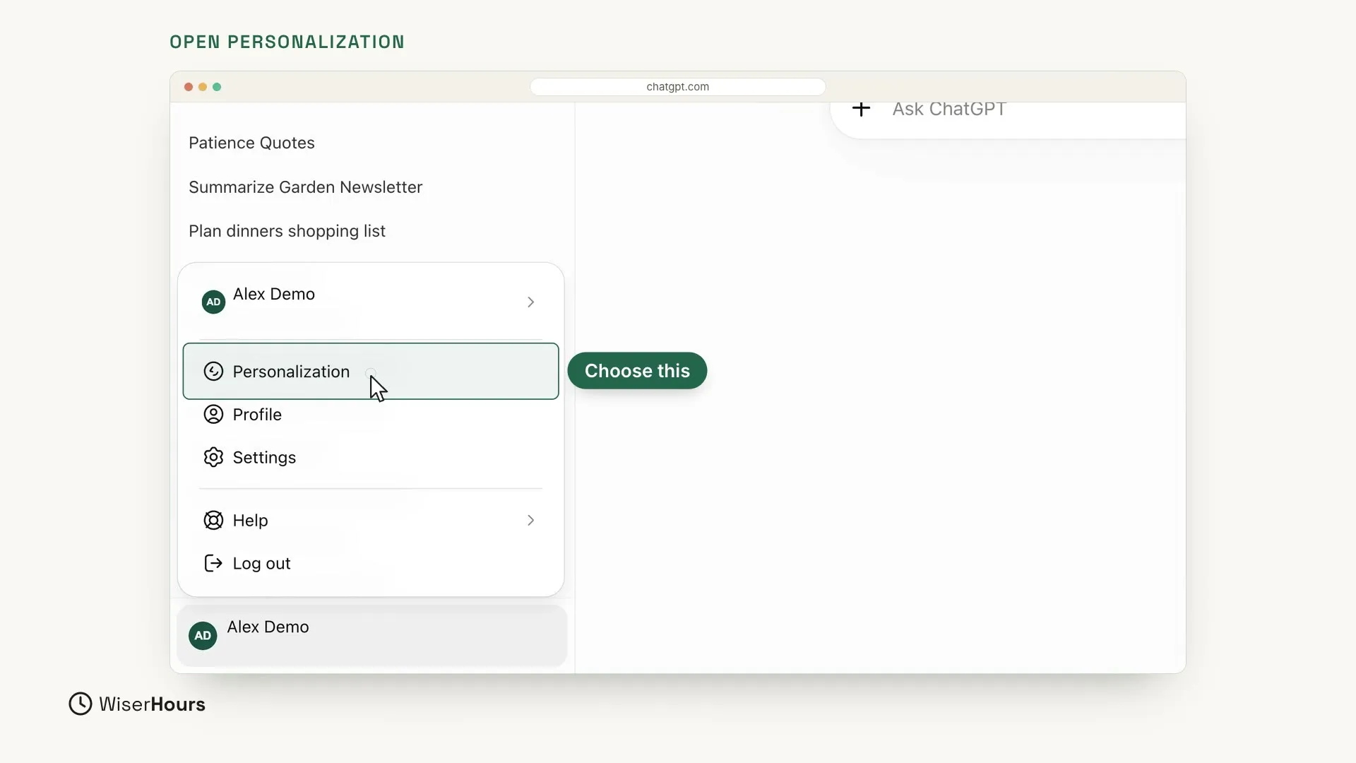 ChatGPT at chatgpt.com. The name Alex Demo at the bottom of the sidebar has opened a menu with Personalization, Profile, Settings, Help and Log out. Personalization is highlighted, with the pointer on it and a green label that says Choose this.