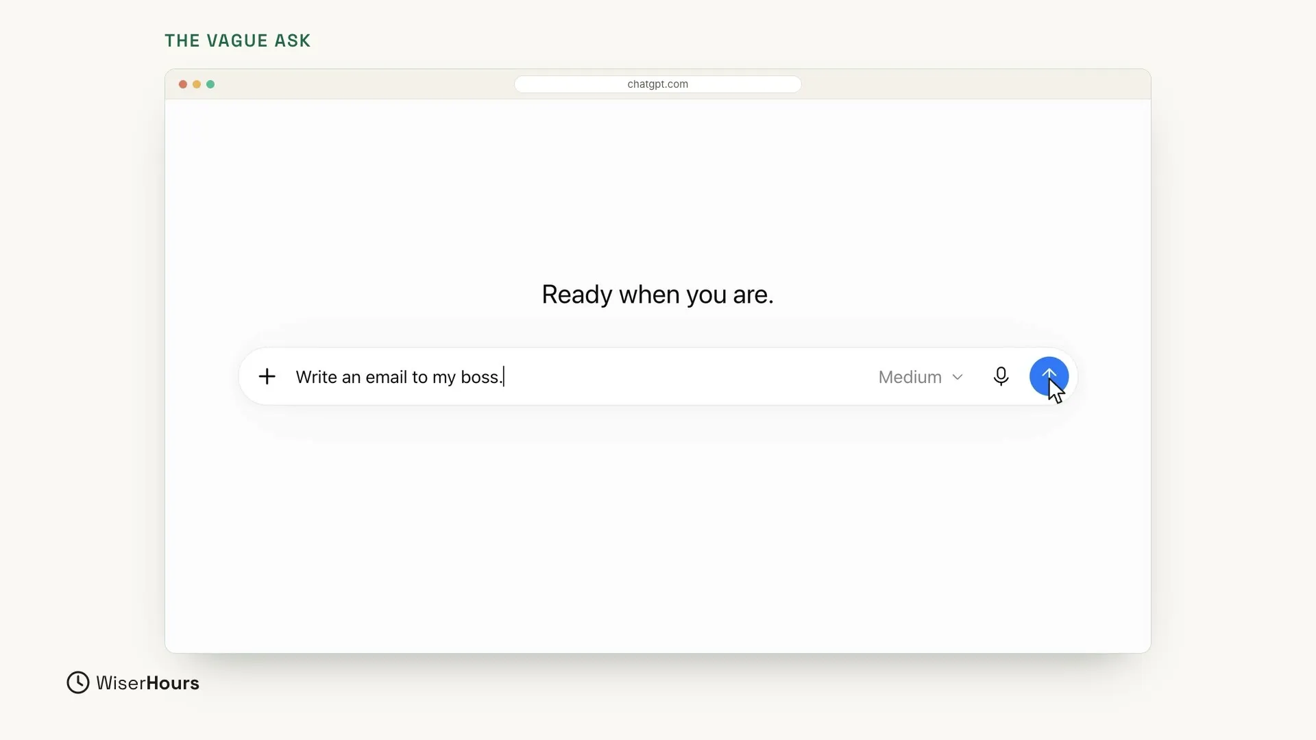 The ChatGPT start page with the heading Ready when you are. The vague question, Write an email to my boss., is typed in the message box, and the pointer is on the round blue arrow button at the right end of the box.