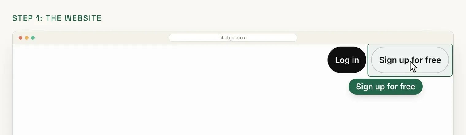 The top right of the ChatGPT website, with chatgpt.com in the address bar. The Sign up for free button is highlighted, with the cursor on it and a label that says Sign up for free. A black Log in button sits to its left.