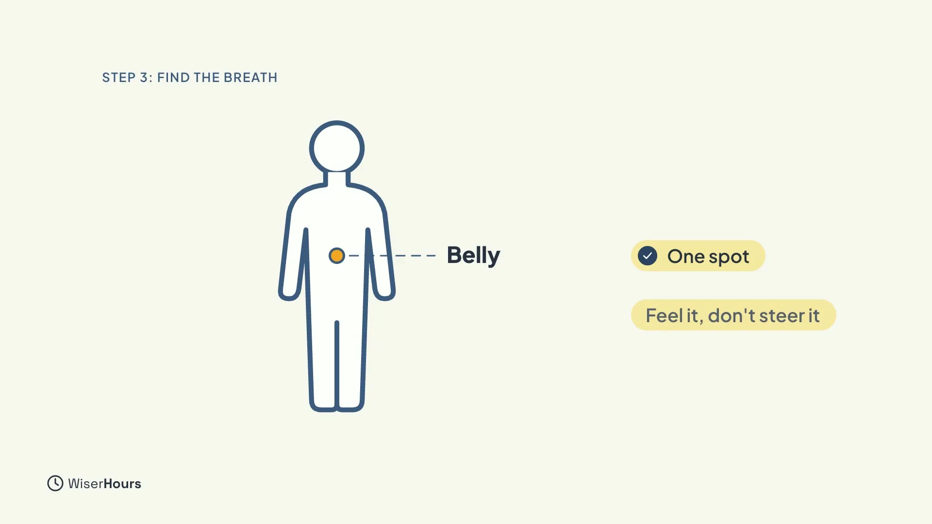 An outline of a person with an orange dot on the belly, labeled Belly. Two chips say One spot and Feel it, don't steer it.