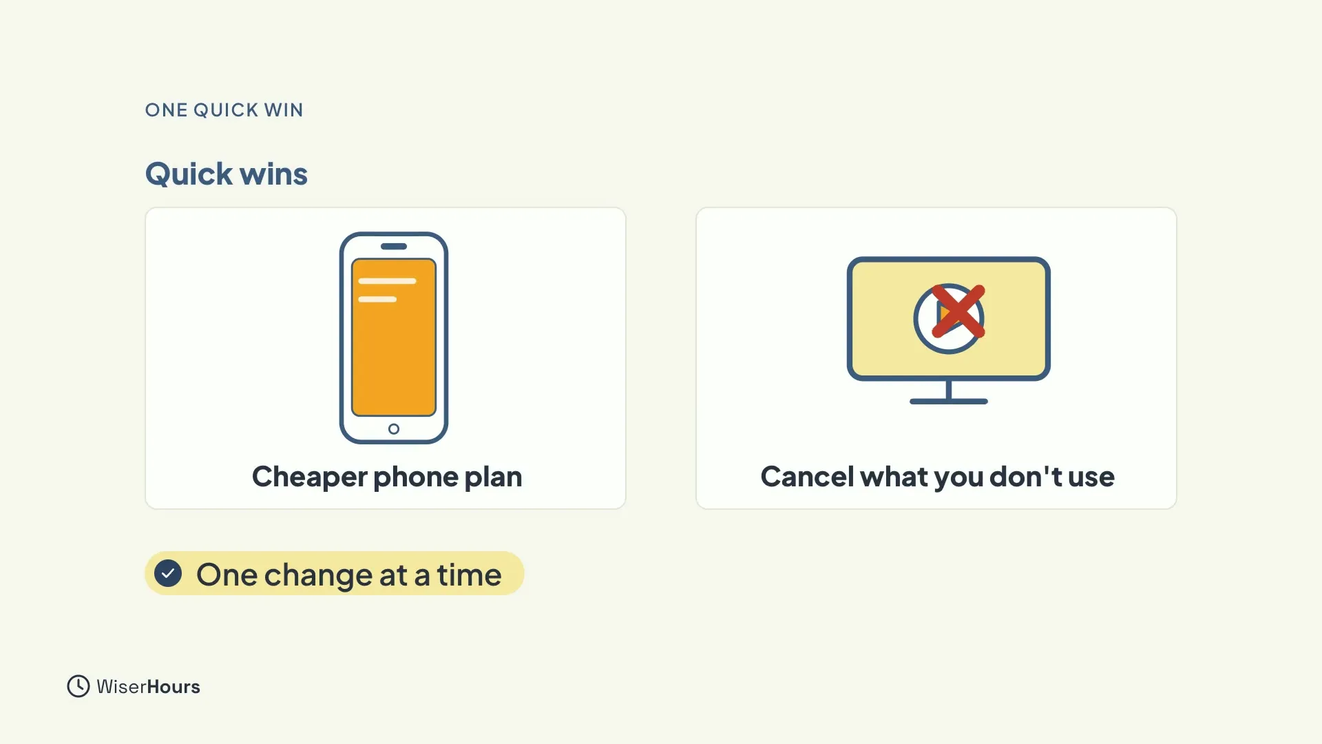 Two cards under the heading Quick wins: a phone labeled Cheaper phone plan and a screen with a crossed-out icon labeled Cancel what you don't use, with the chip One change at a time.