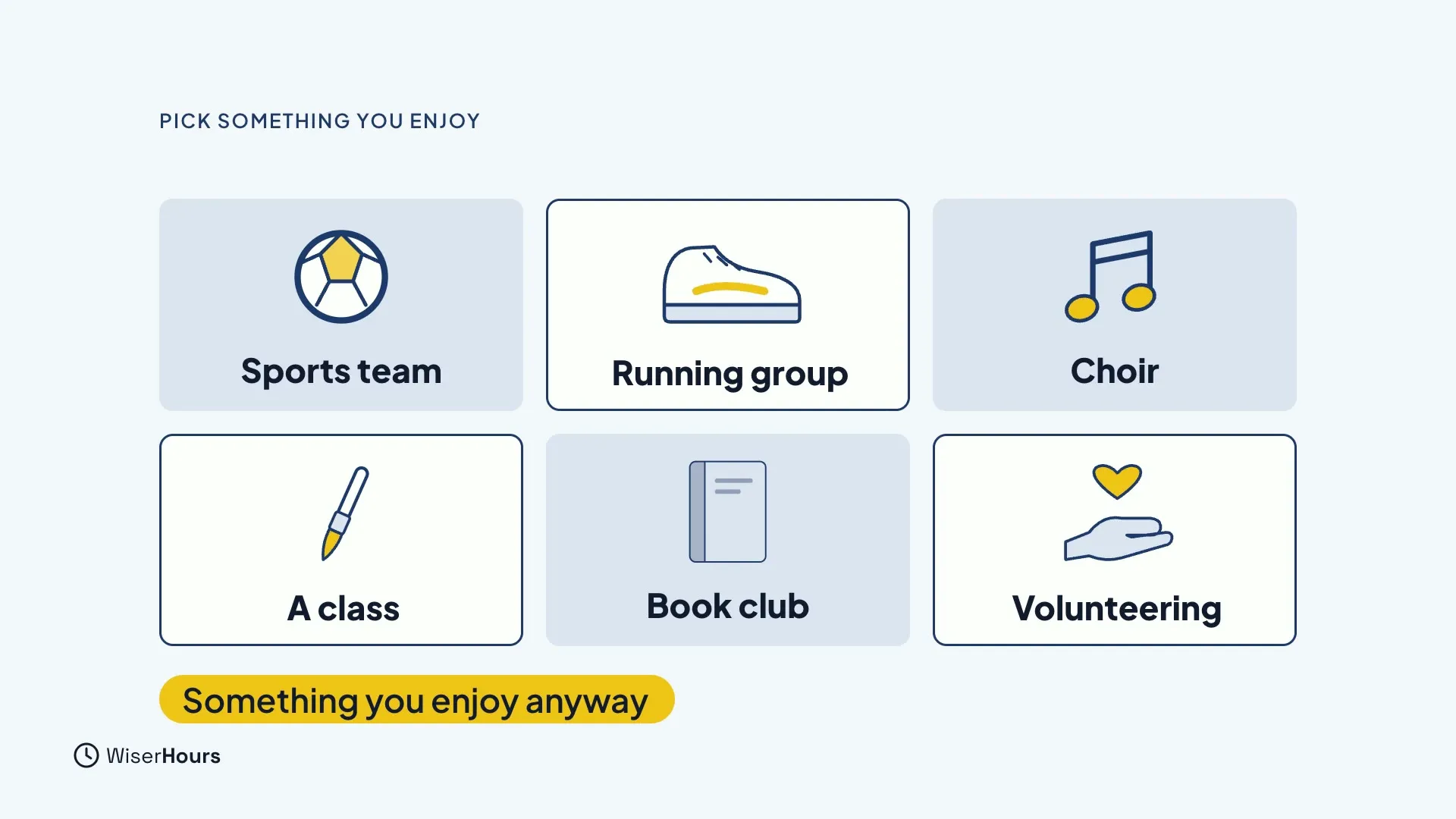 Six cards with icons: Sports team, Running group, Choir, A class, Book club and Volunteering. A tag below reads Something you enjoy anyway.