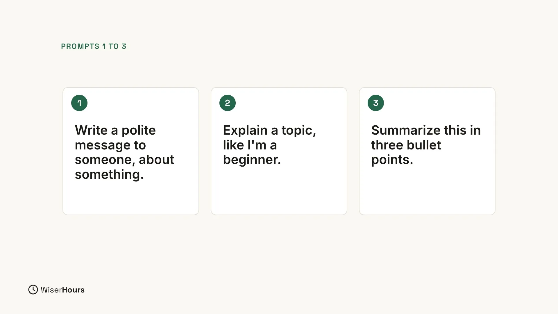 Under the label Prompts 1 to 3, three numbered cards: Write a polite message to someone, about something. Explain a topic, like I'm a beginner. Summarize this in three bullet points.
