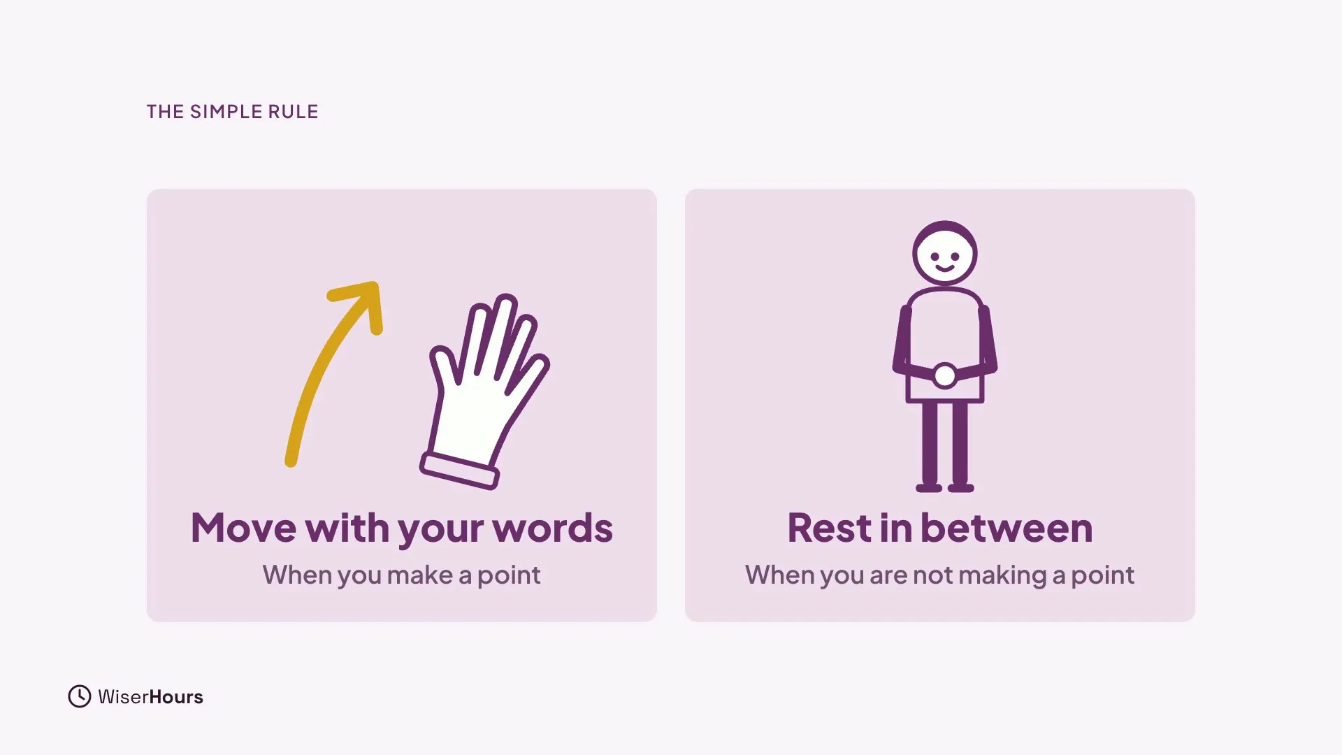 Two cards. The left shows a hand with a rising arrow and the words Move with your words, When you make a point. The right shows a figure with hands resting at the waist and the words Rest in between, When you are not making a point.