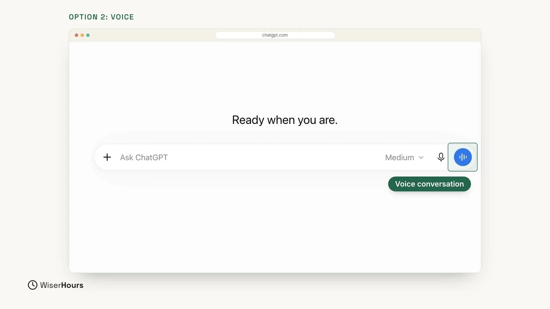 The same ChatGPT page. The round blue button with sound bars at the right end of the message box is outlined in green, and a green label below it says Voice conversation.