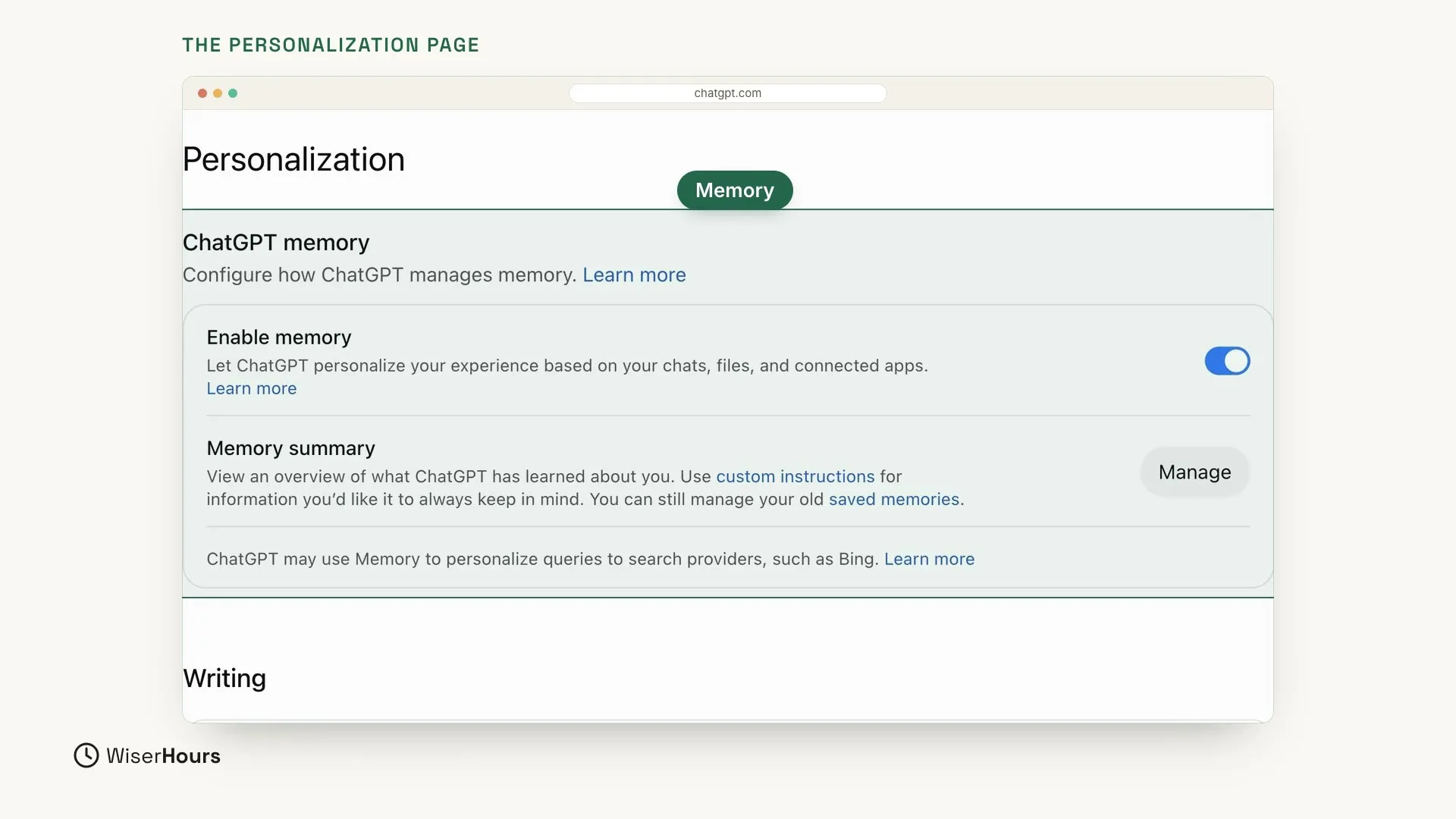 The top of the Personalization page. The ChatGPT memory section is highlighted, with a green label that says Memory. Inside it, the Enable memory switch is on, and below it is Memory summary, with a Manage button.