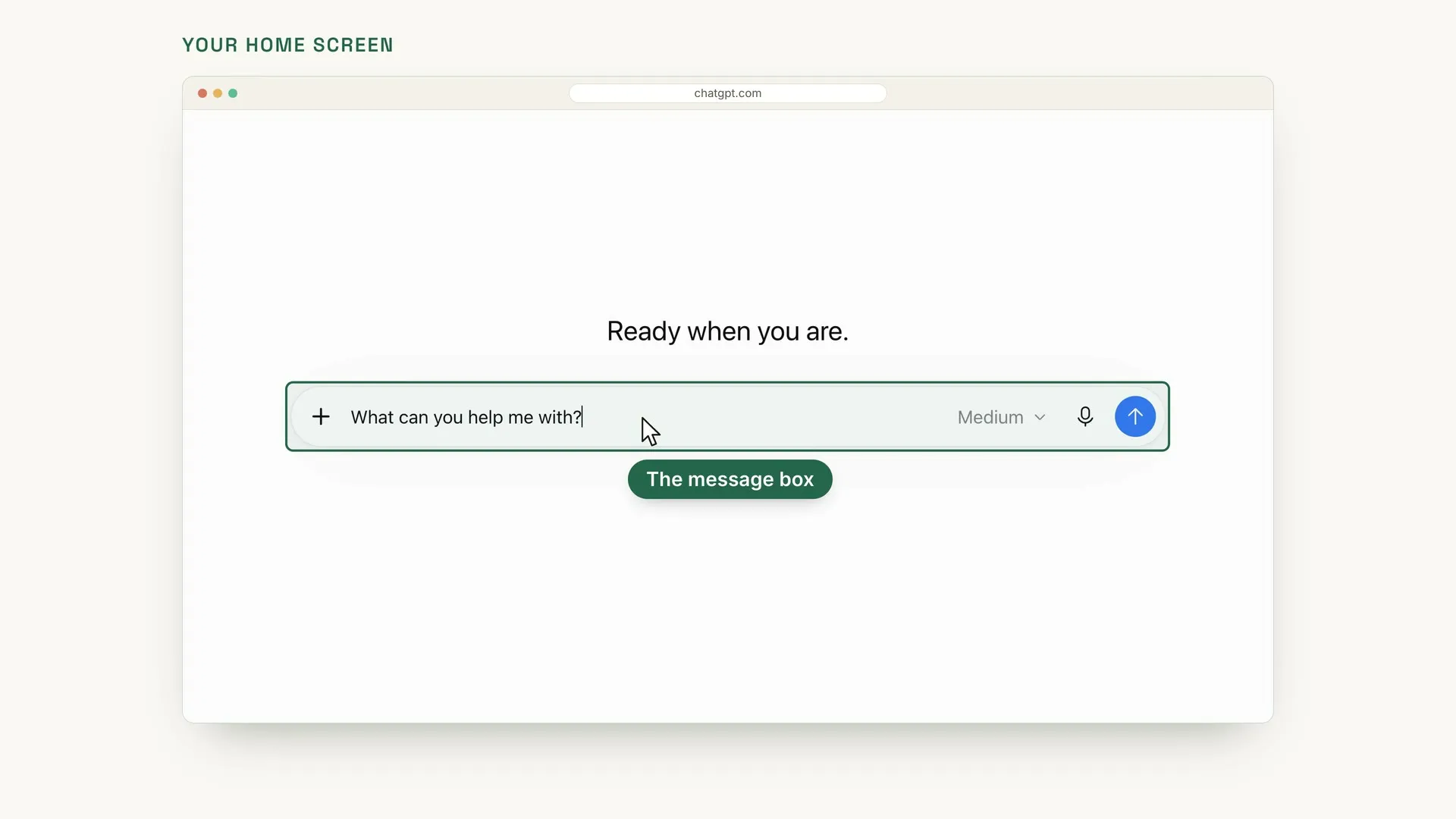 The ChatGPT home screen with the words Ready when you are. Below them, the message box is highlighted, with What can you help me with? typed in it and a label that says The message box.
