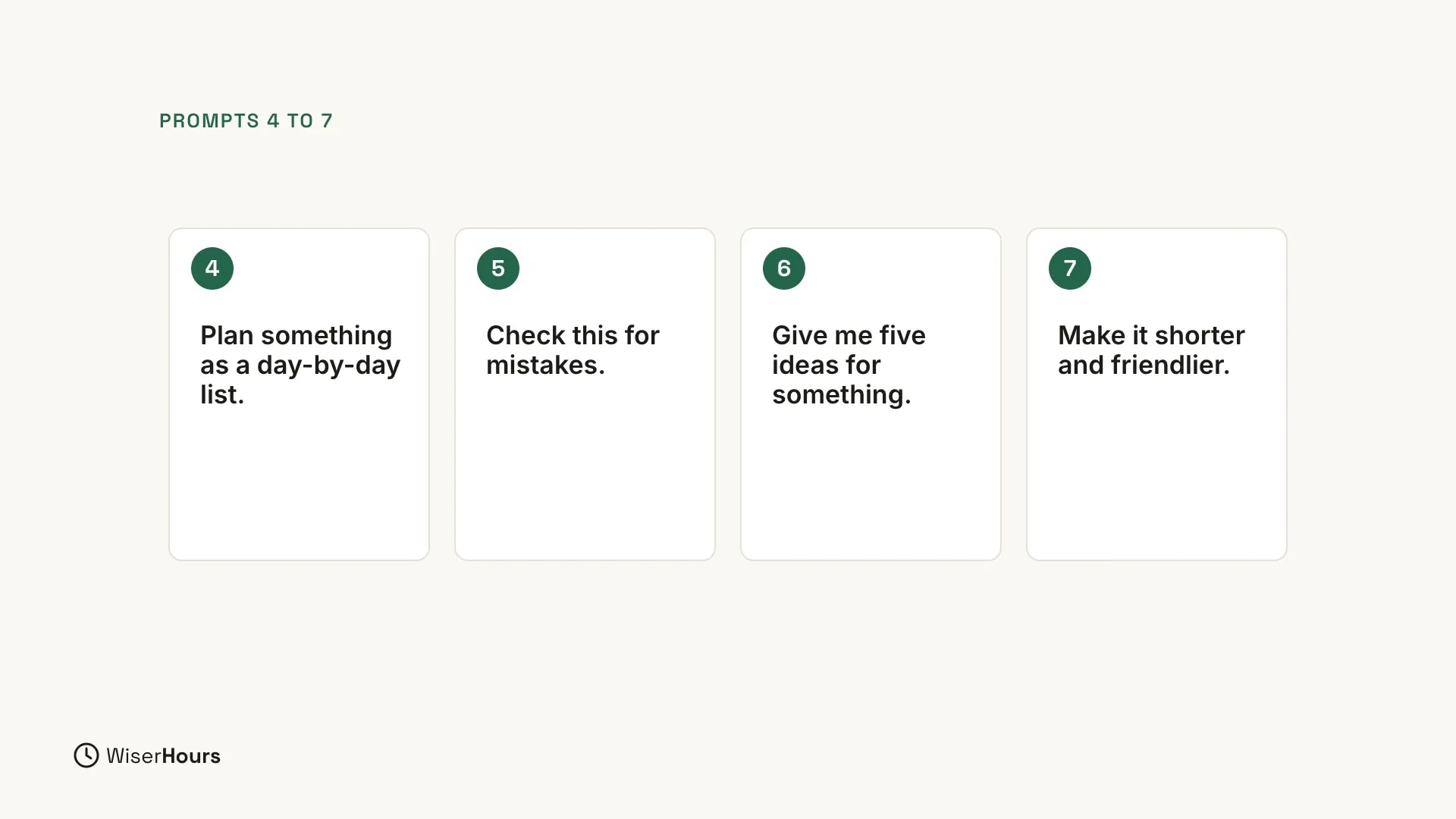 Under the label Prompts 4 to 7, four numbered cards: Plan something as a day-by-day list. Check this for mistakes. Give me five ideas for something. Make it shorter and friendlier.