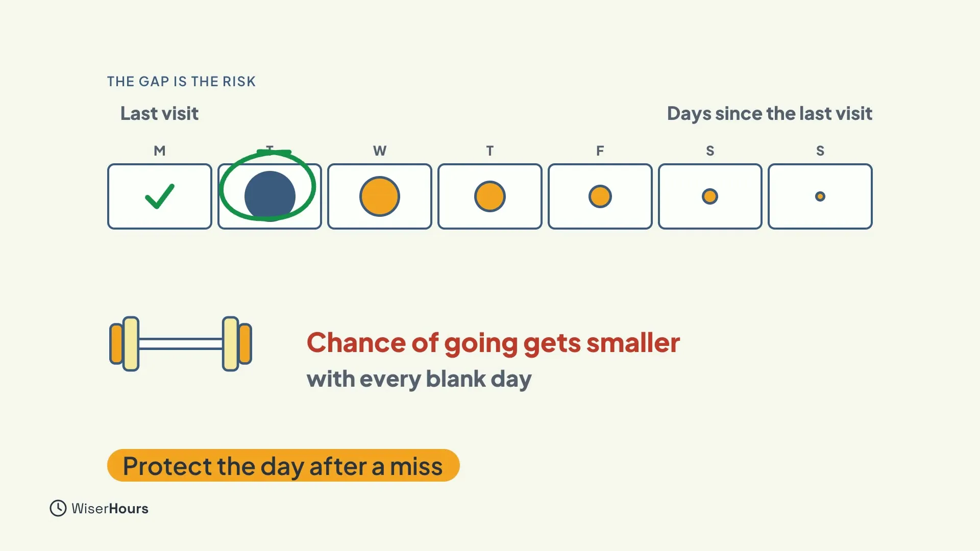 A row of seven day boxes headed Days since the last visit. Monday has a tick, Tuesday has a large circle outlined in green, and the circles shrink each day after. A barbell sits beside the words Chance of going gets smaller with every blank day. A banner reads Protect the day after a miss.