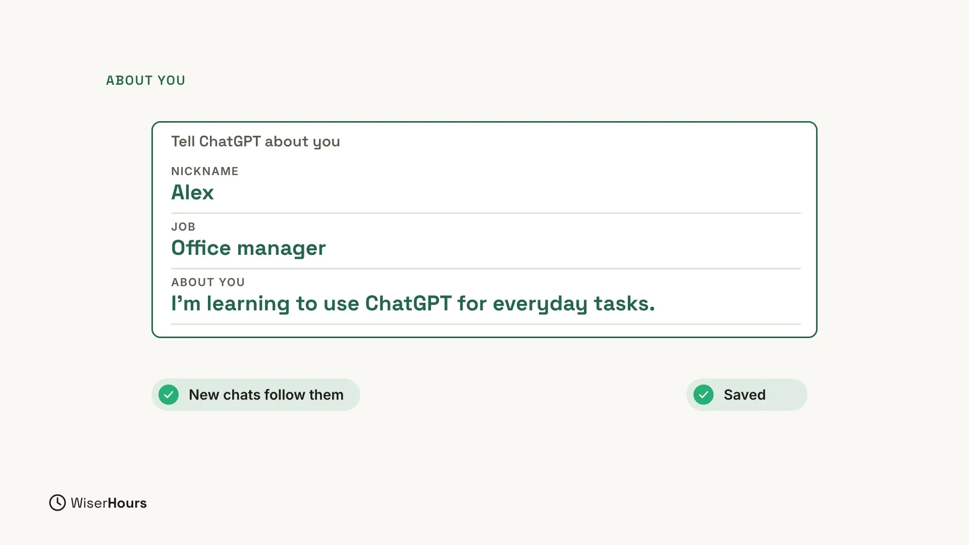 A card titled Tell ChatGPT about you, filled in with an example. Nickname: Alex. Job: Office manager. About you: “I'm learning to use ChatGPT for everyday tasks.” Below the card, two labels with green ticks say New chats follow them and Saved.
