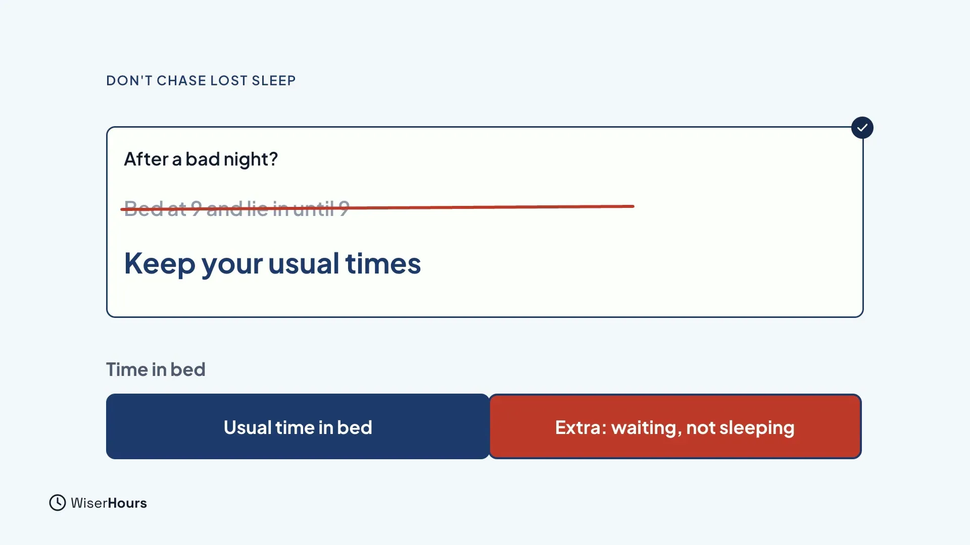A card titled After a bad night with the crossed-out idea Bed at 9 and lie in until 9, and the advice Keep your usual times. Below, a bar of usual time in bed in navy is followed by a red part labelled Extra: waiting, not sleeping.