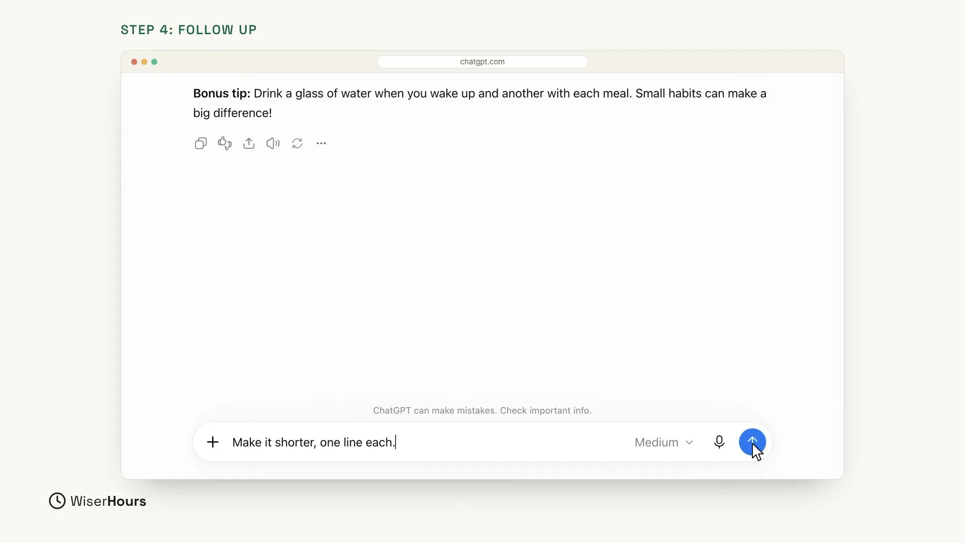 The end of the first answer at the top of the chat. At the bottom, the reply Make it shorter, one line each is typed into the message box, with the pointer on the round arrow button.
