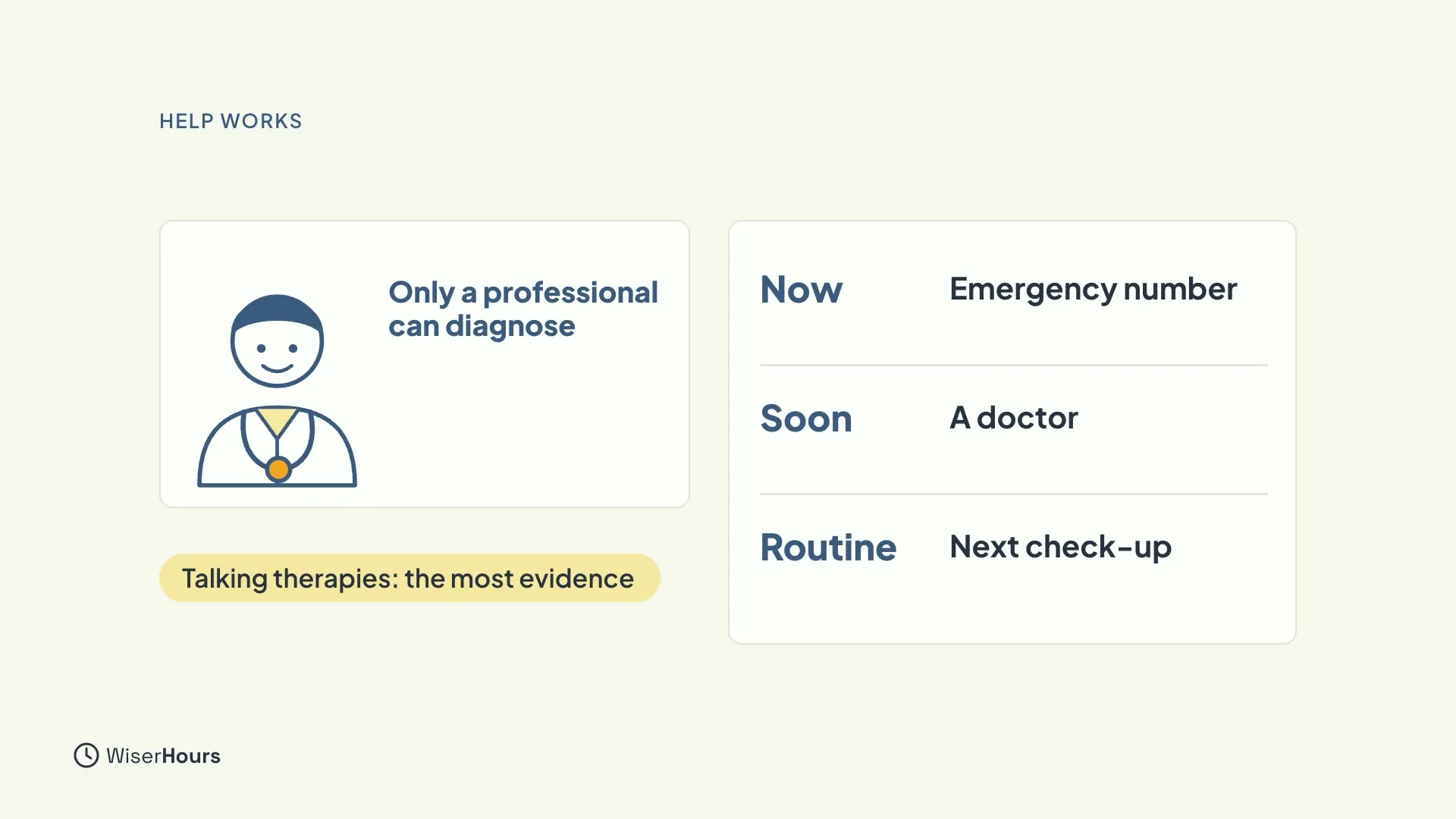 On the left, a drawn doctor with the words Only a professional can diagnose, and a label Talking therapies: the most evidence. On the right, a three-row card: Now, Emergency number; Soon, A doctor; Routine, Next check-up.