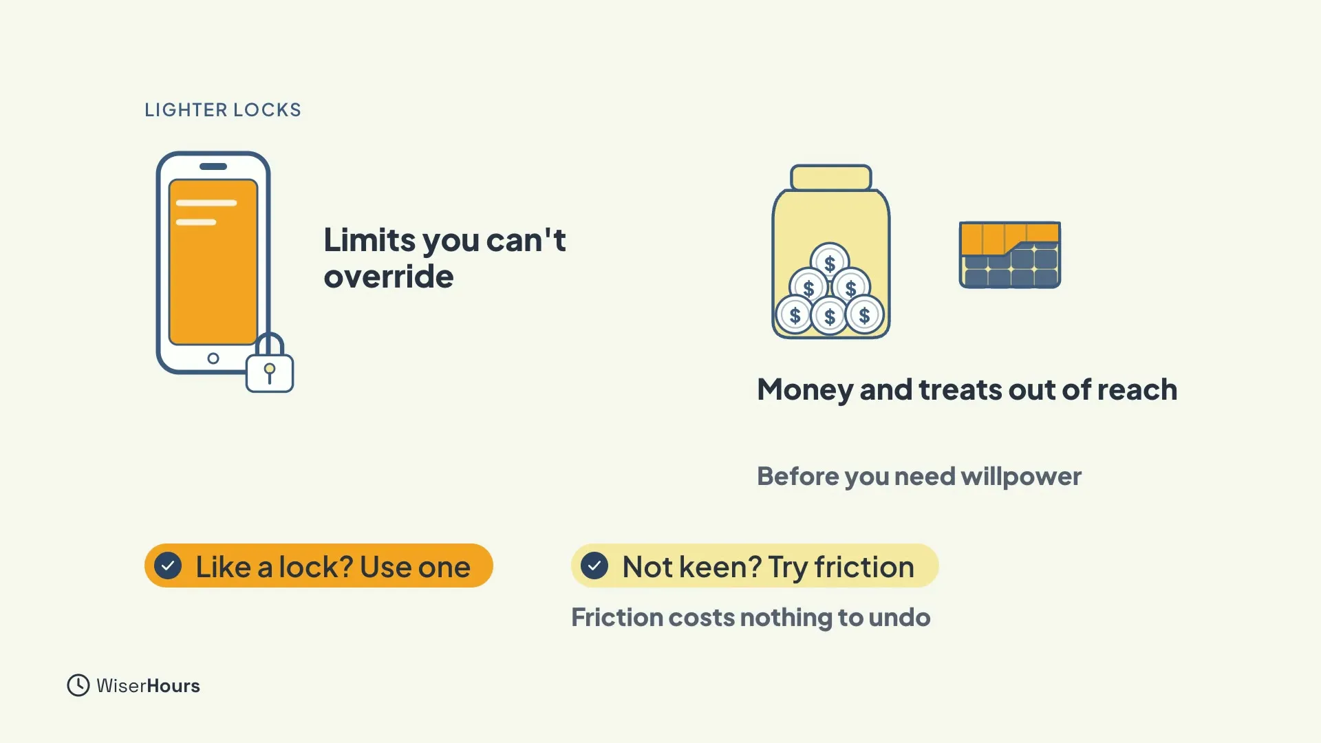 A phone with a padlock beside the words Limits you can't override, and a jar of coins beside a snack bar labelled Money and treats out of reach, Before you need willpower. Banners read Like a lock? Use one and Not keen? Try friction, Friction costs nothing to undo.