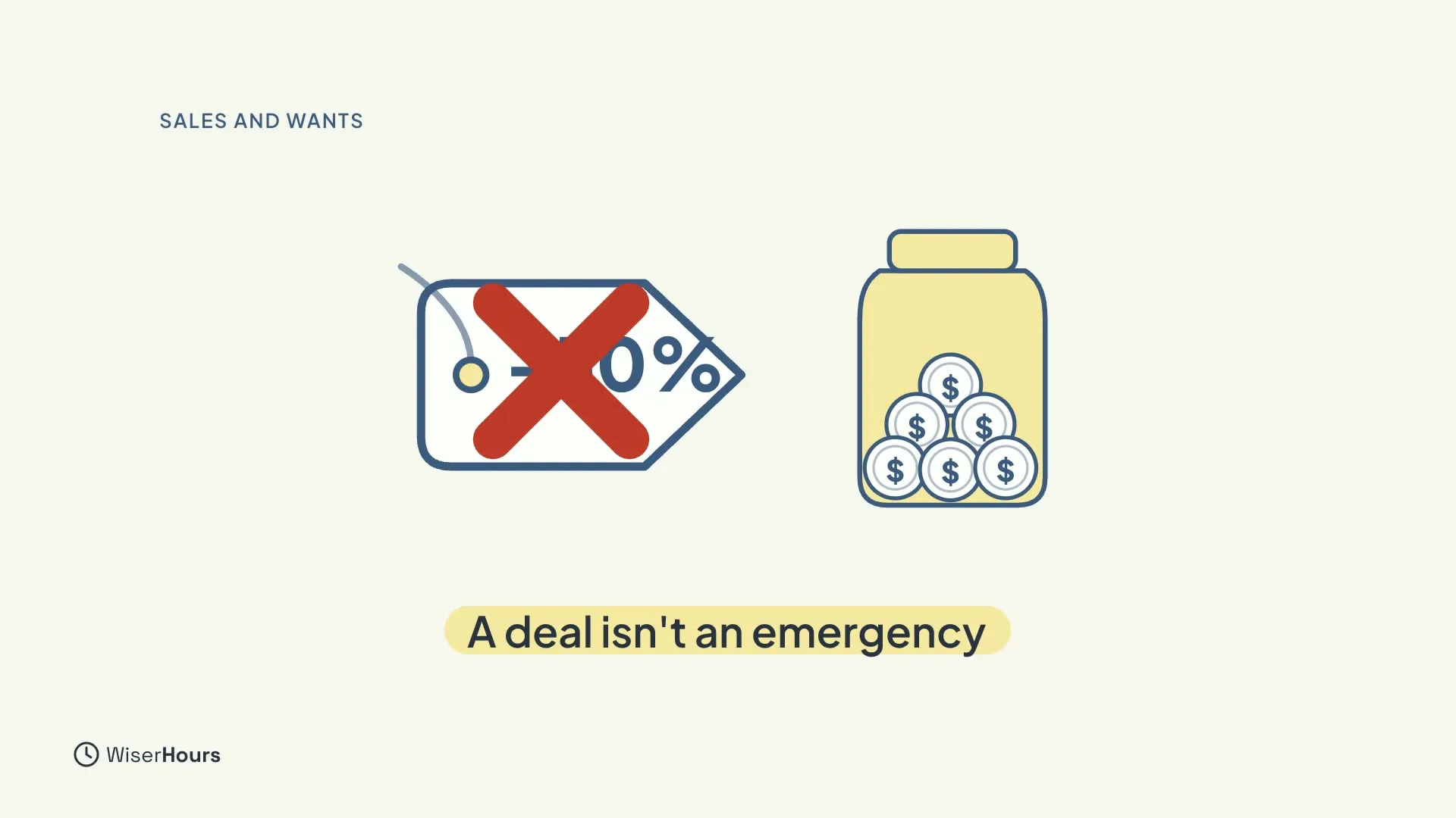 A sale price tag with a large red cross over it, standing in front of a jar of coins. A yellow label says A deal isn't an emergency.