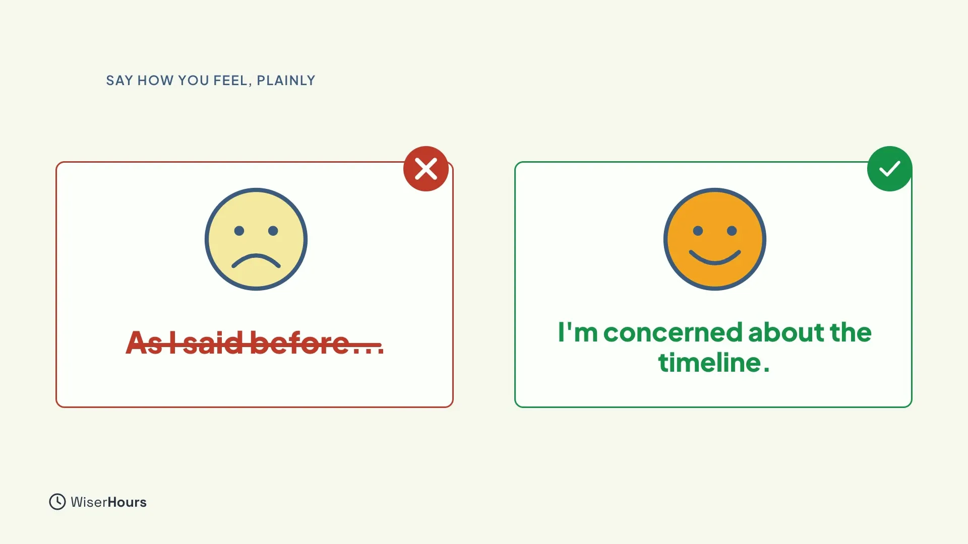 Two cards. On the left, a frowning face above the phrase As I said before, crossed out in red with a red cross. On the right, a smiling face above I'm concerned about the timeline, with a green check.