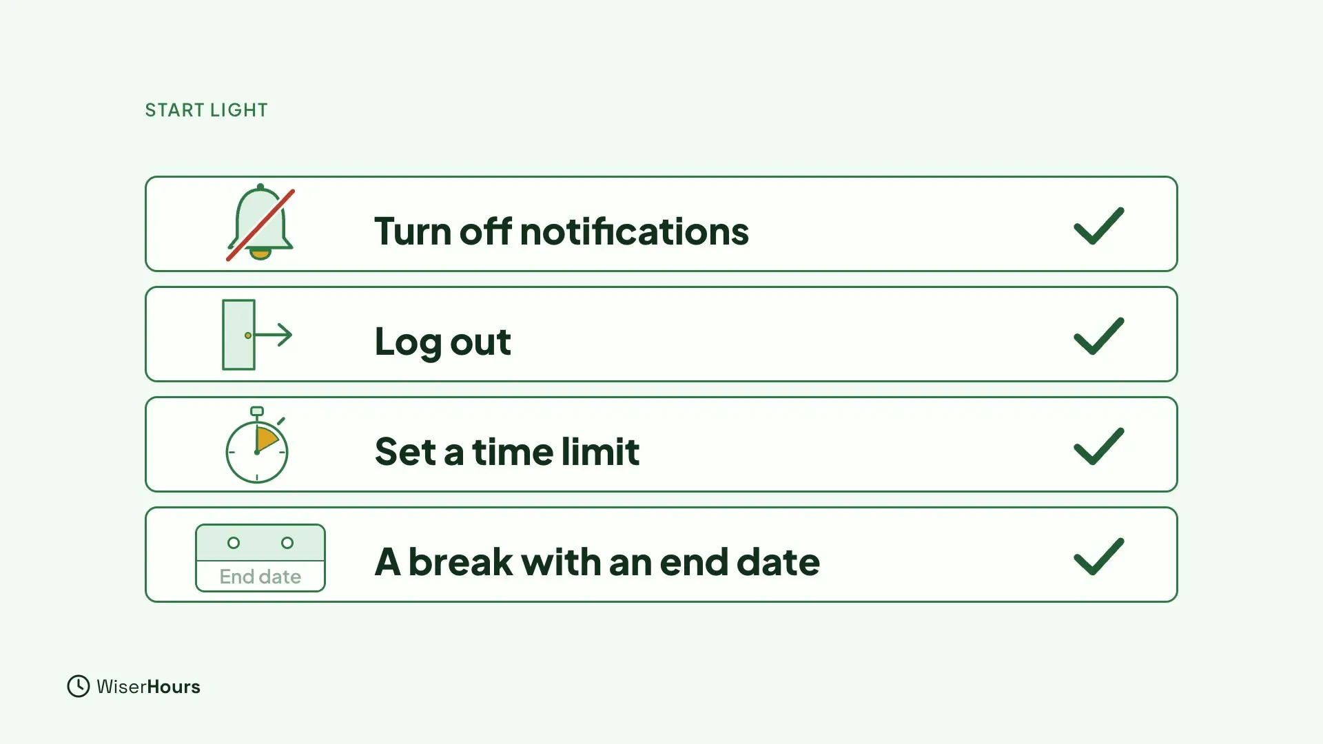 Four ticked rows: Turn off notifications (a crossed-out bell), Log out (a door with an arrow), Set a time limit (a stopwatch) and A break with an end date (a calendar).