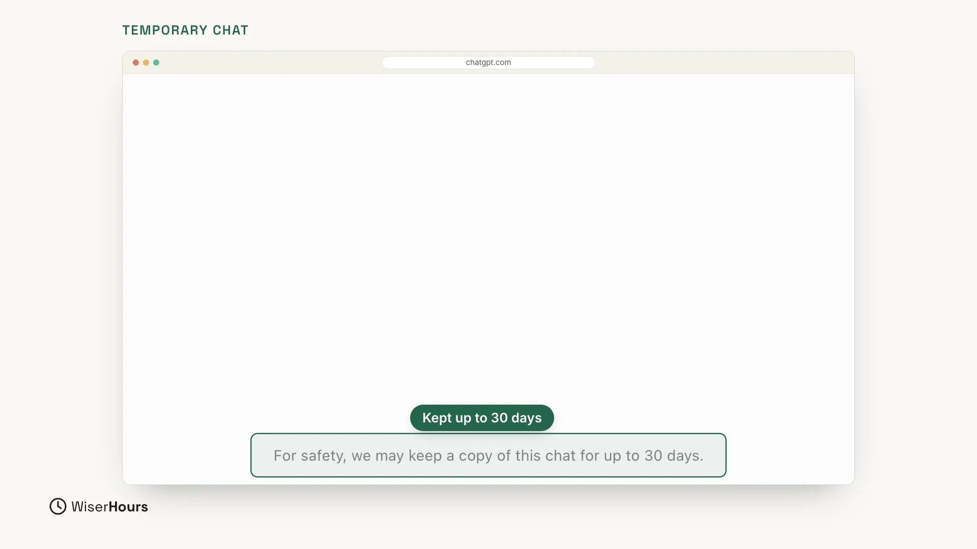 The bottom of a temporary chat. The line For safety, we may keep a copy of this chat for up to 30 days is highlighted, with a label above it: Kept up to 30 days.