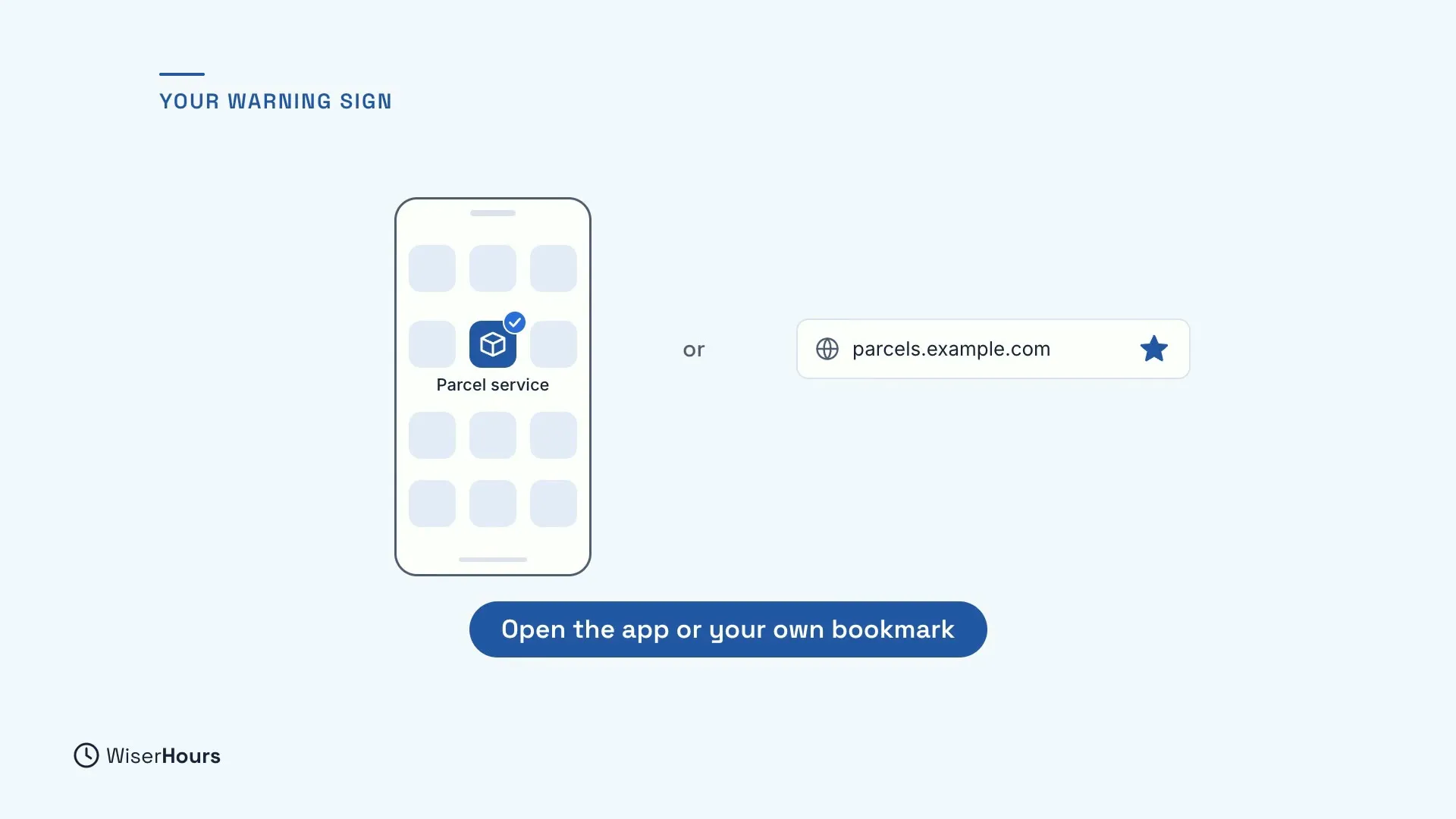 A phone home screen with an example Parcel service app ticked, or a saved bookmark for parcels.example.com marked with a star. A pill says Open the app or your own bookmark.