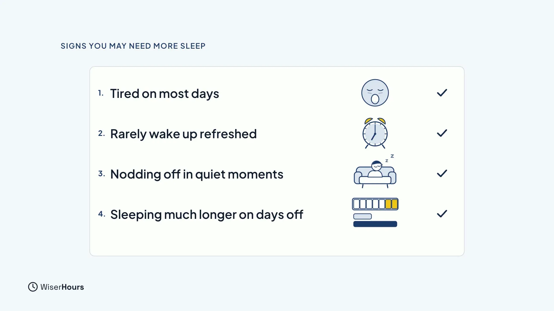 A card titled Signs you may need more sleep with four ticked rows, each with a small drawing: Tired on most days, Rarely wake up refreshed, Nodding off in quiet moments, and Sleeping much longer on days off.