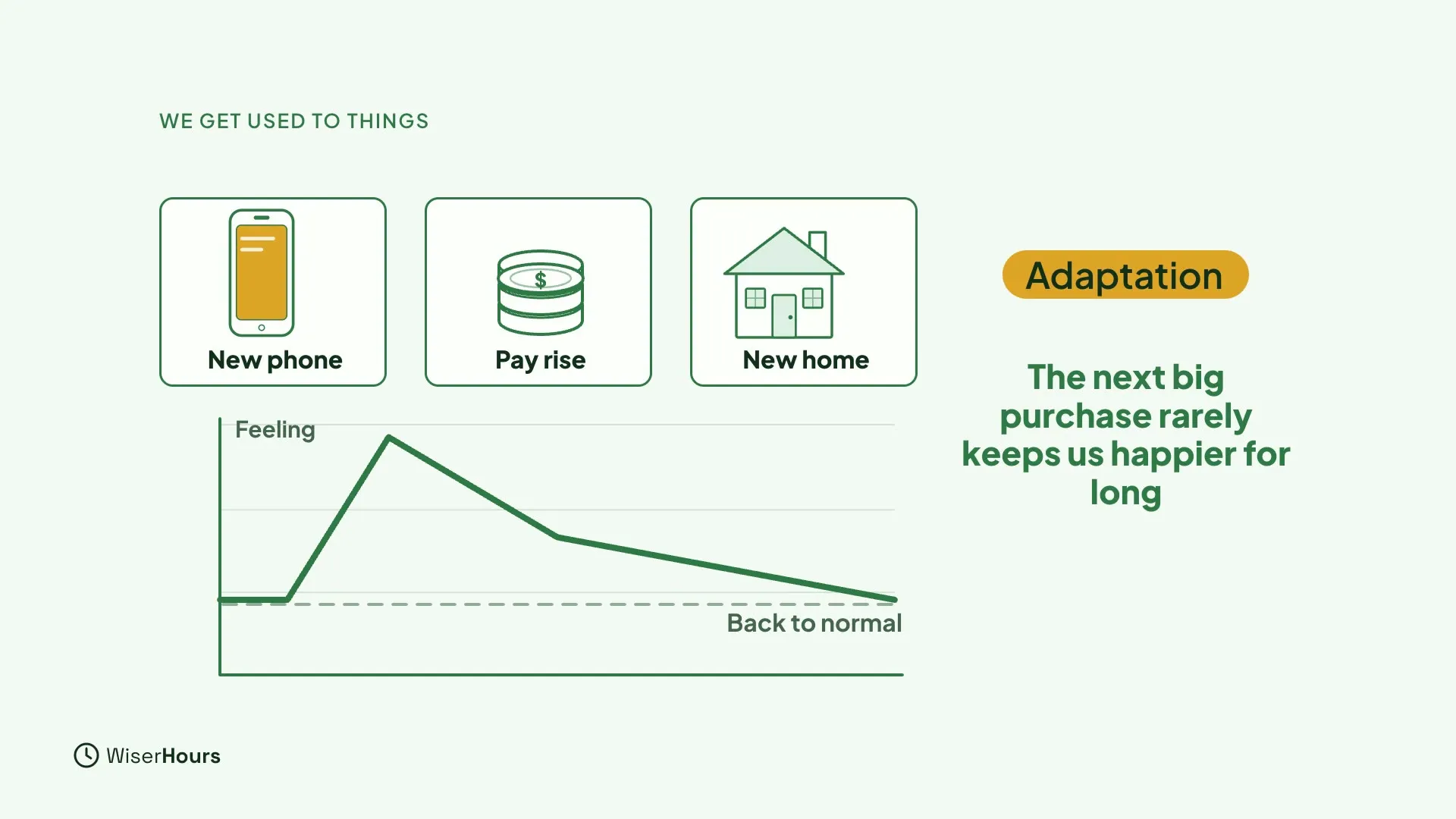 Three cards, New phone, Pay rise and New home, above a line chart where the feeling rises and then slowly falls back to a dashed line labeled Back to normal. A chip says Adaptation, with the words The next big purchase rarely keeps us happier for long.