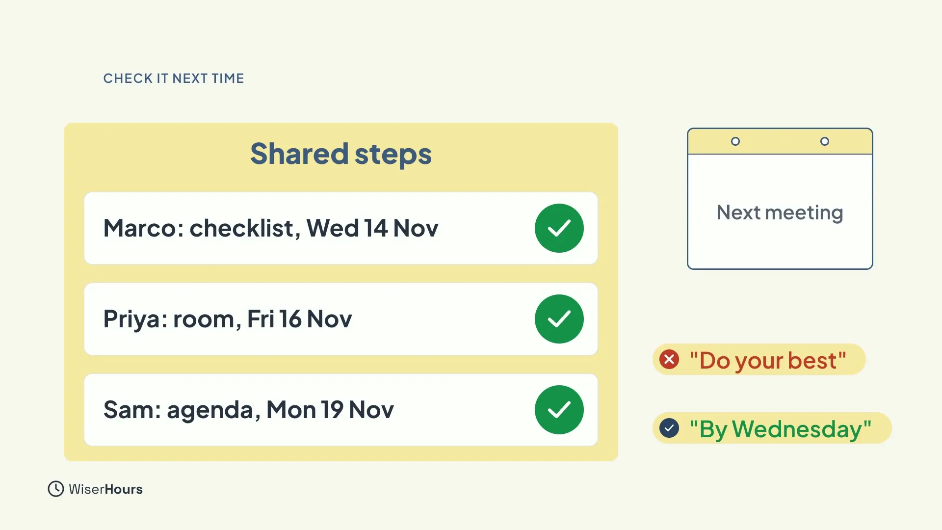A shared list called Shared steps with three tasks, each with an owner and a date and a green check. A calendar page says Next meeting. A chip that says Do your best is crossed out, and a chip that says By Wednesday is marked good.