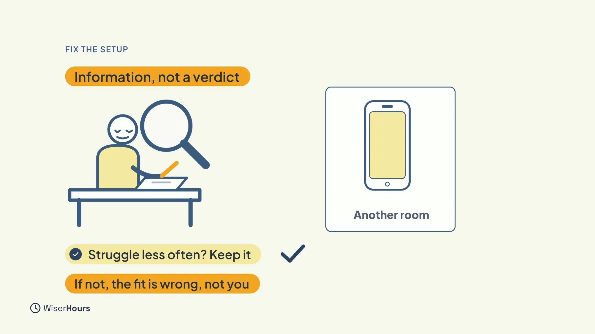 A person at a desk looking through a magnifying glass, under the banner Information, not a verdict. A phone in a box is labelled Another room. Tags read Struggle less often? Keep it, with a tick, and If not, the fit is wrong, not you.