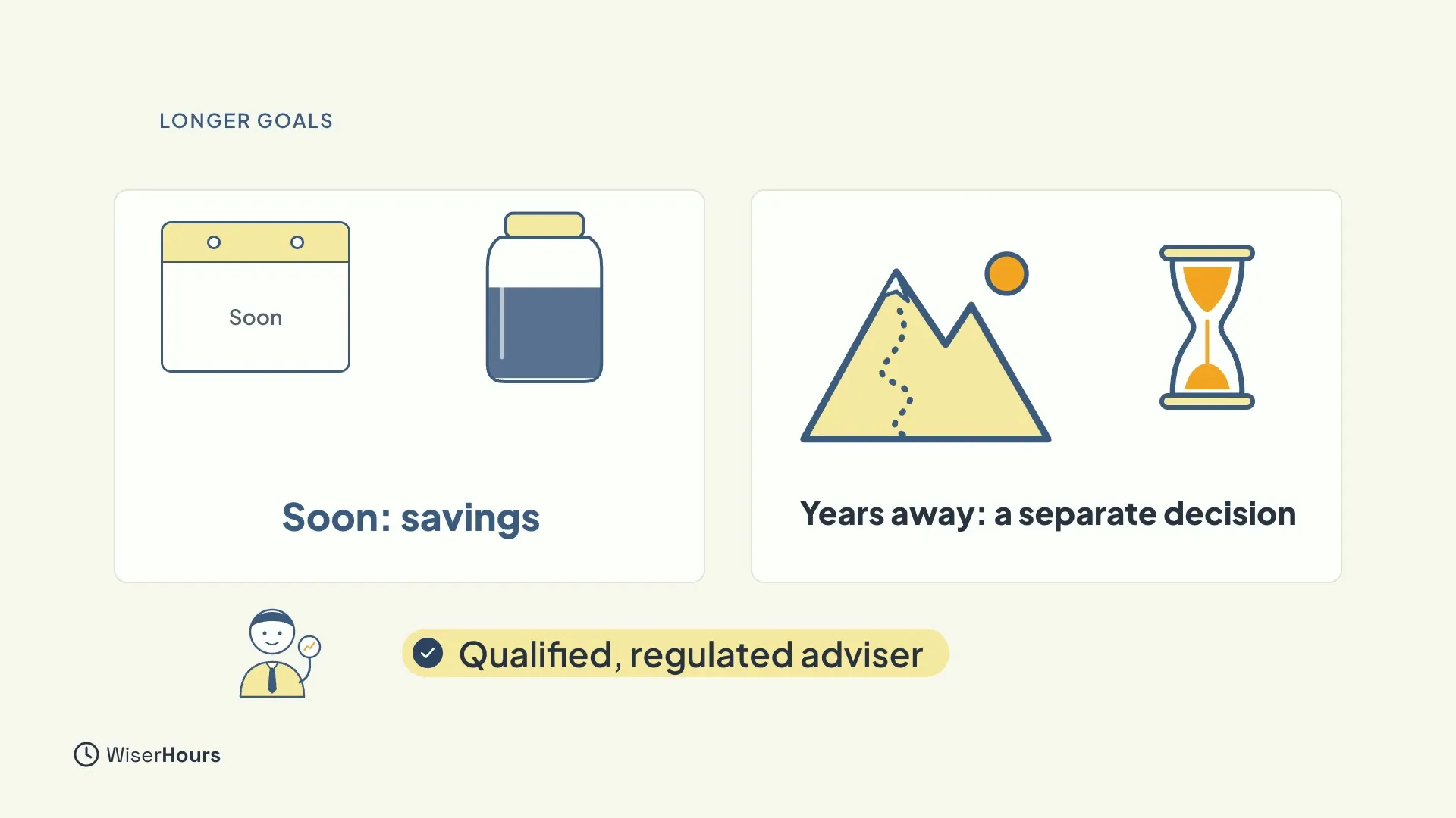 Two panels. The left shows a calendar page marked Soon and a jar, labelled Soon: savings. The right shows a mountain path and an hourglass, labelled Years away: a separate decision. A small adviser figure sits below with a label Qualified, regulated adviser.
