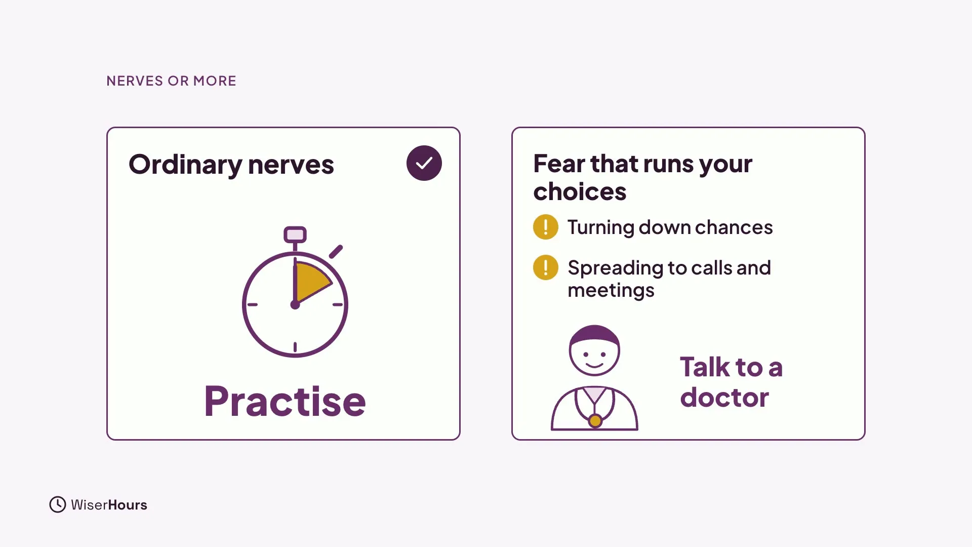 Two cards side by side. The left one reads Ordinary nerves with a green check, a stopwatch and the word Practise. The right one reads Fear that runs your choices, lists turning down chances and spreading to calls and meetings, and ends with Talk to a doctor.