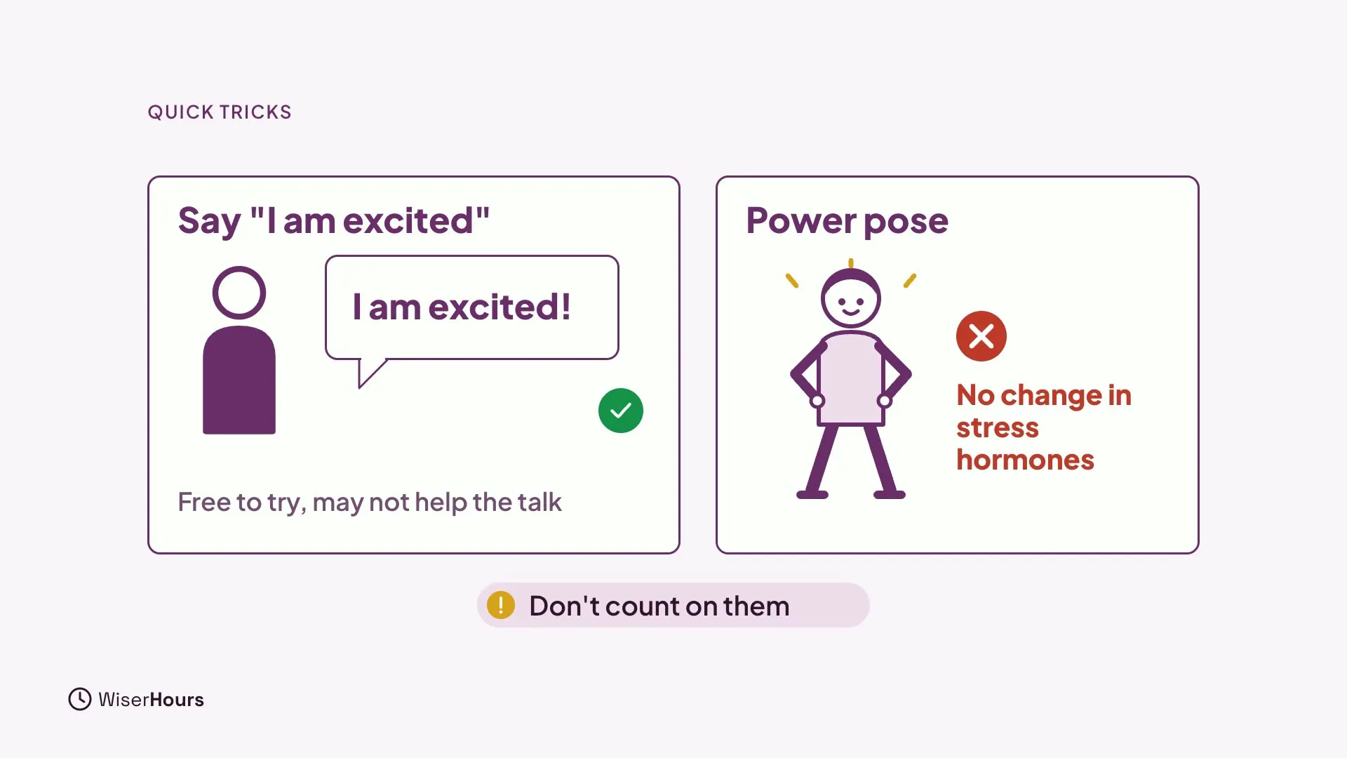 Two cards. Say I am excited shows a speech bubble with the words I am excited and the note Free to try, may not help the talk. Power pose shows a figure with hands on hips and a red cross, with the words No change in stress hormones. A chip says Don't count on them.