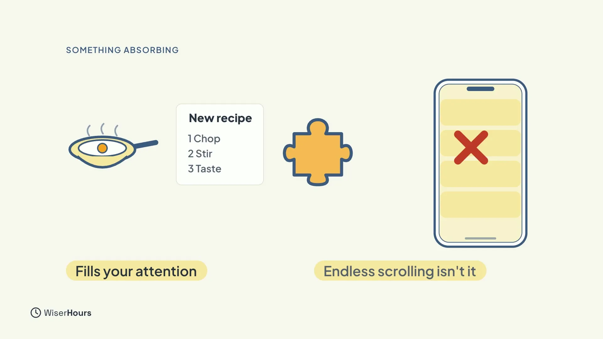 A frying pan, a recipe card with the steps 1 Chop, 2 Stir and 3 Taste, and a puzzle piece, labeled Fills your attention. On the right, a phone with an endless feed marked with a red cross, labeled Endless scrolling isn't it.