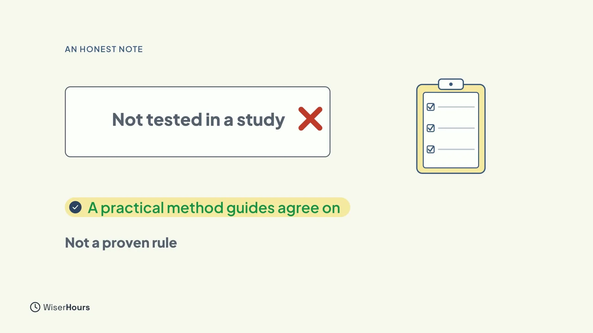 A card reading Not tested in a study with a red cross, a checklist clipboard, and the labels A practical method guides agree on and Not a proven rule.