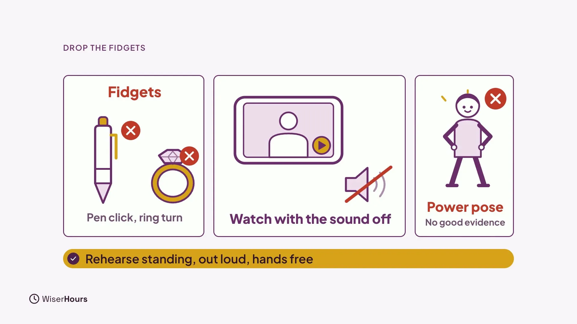 Three cards. Fidgets shows a pen and a ring with red crosses and the words Pen click, ring turn. A phone video with a muted speaker says Watch with the sound off. A figure with hands on hips, crossed out, says Power pose, No good evidence. A bar below reads Rehearse standing, out loud, hands free.