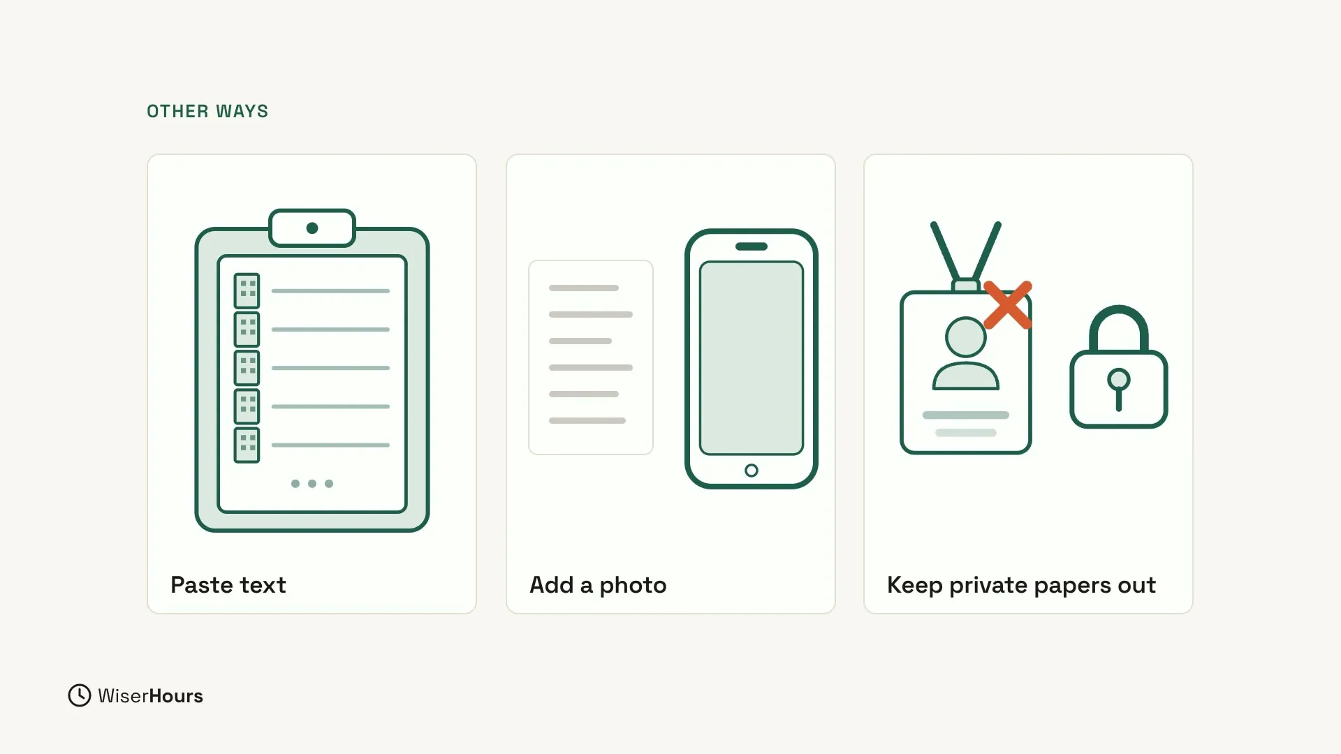 Three cards under the heading Other ways. Paste text, with a drawing of a clipboard full of text lines. Add a photo, with a drawing of a page next to a phone. Keep private papers out, with a drawing of an ID card crossed out in red and a padlock.