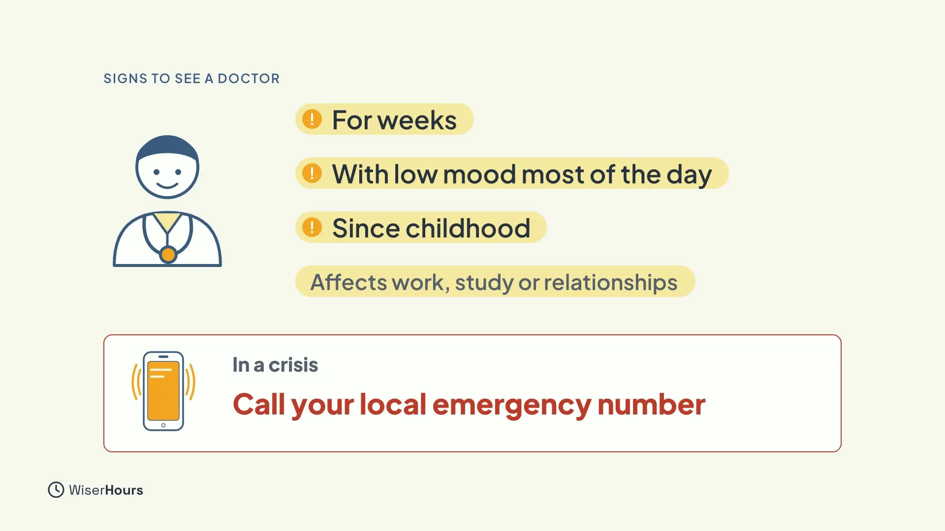 A drawn doctor beside four signs: For weeks, With low mood most of the day, Since childhood, and Affects work, study or relationships. A red-bordered box with a phone reads In a crisis, Call your local emergency number.