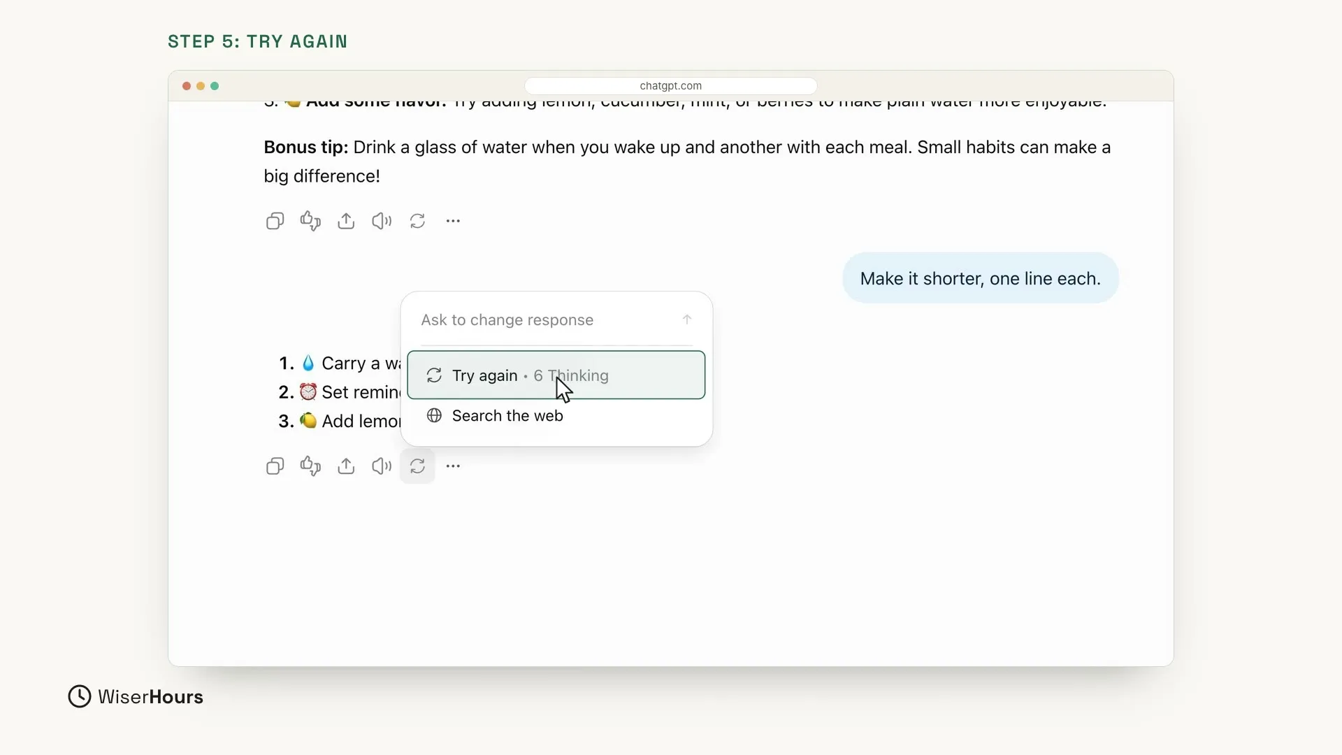 The round arrow button under the short answer has been clicked. A small menu is open above it, with a box that says Ask to change response, a highlighted Try again option and a Search the web option.