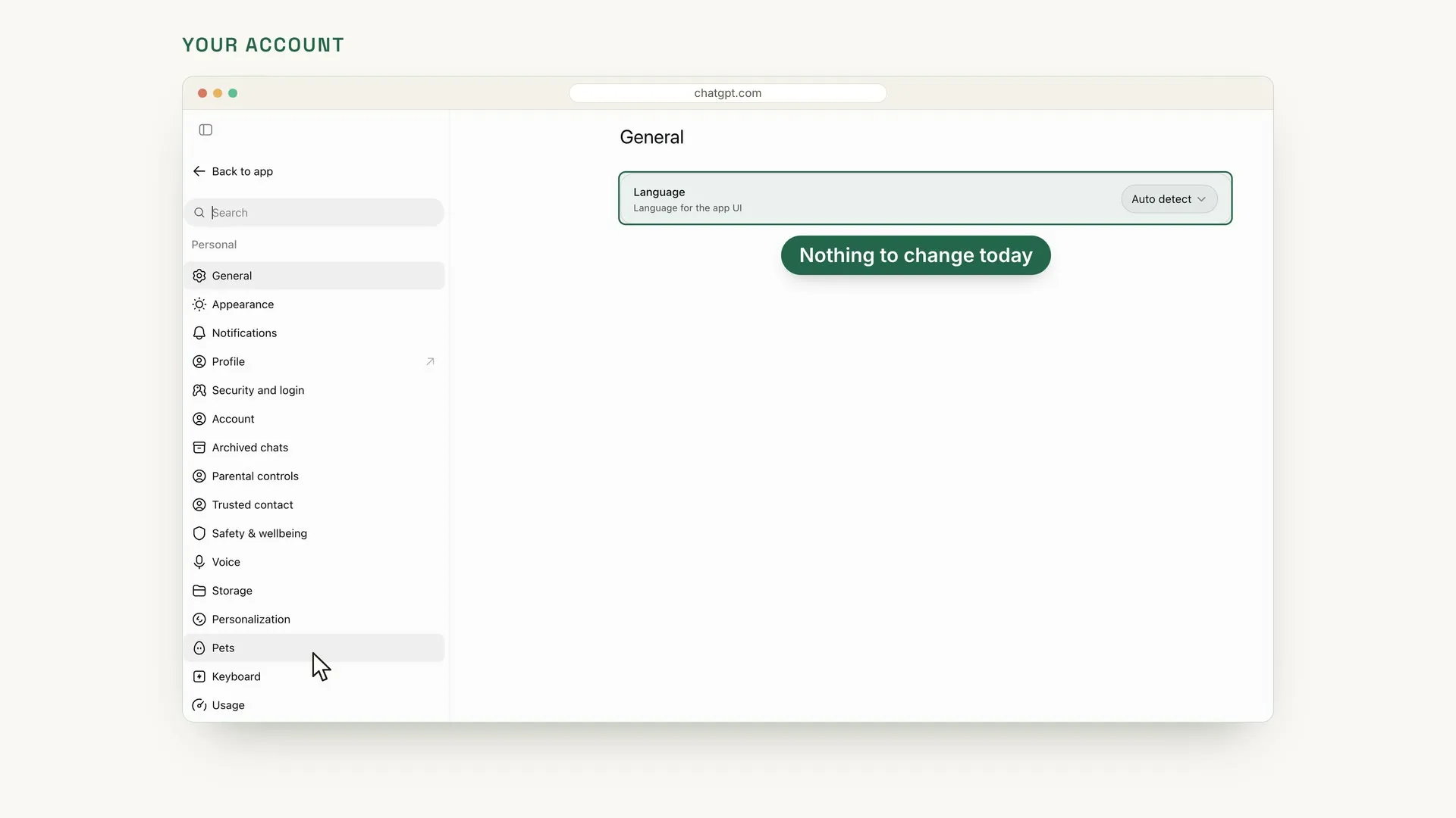 The ChatGPT Settings page, open on General, with a list of settings pages on the left. The Language row, set to Auto detect, is highlighted with a label that says Nothing to change today.