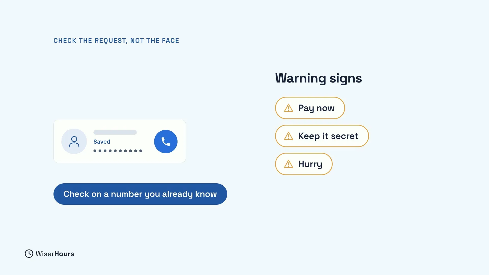 A saved contact with a blue call button, and a blue label that says Check on a number you already know. Beside it, a list headed Warning signs: Pay now, Keep it secret and Hurry, each with a warning triangle.