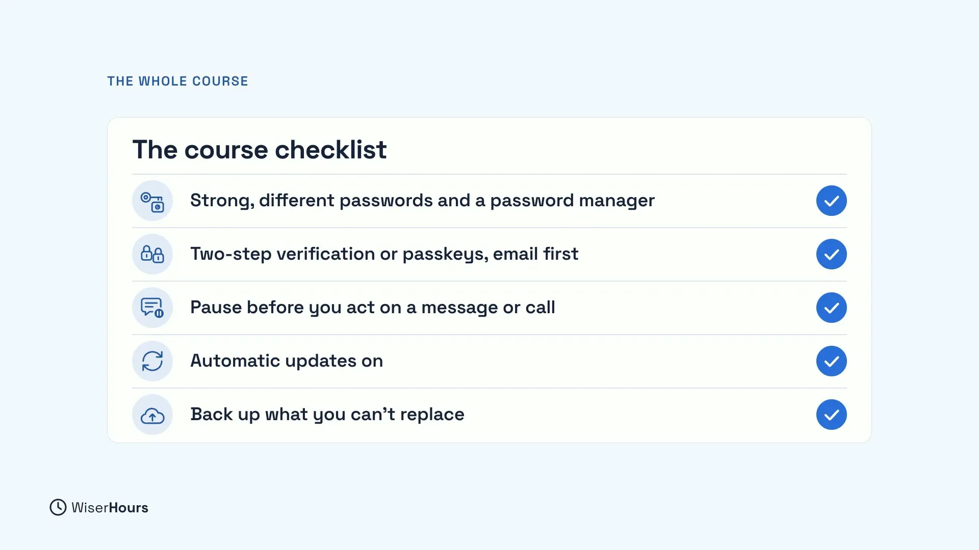 A card titled The course checklist with five ticked rows: Strong, different passwords and a password manager; Two-step verification or passkeys, email first; Pause before you act on a message or call; Automatic updates on; Back up what you can't replace.