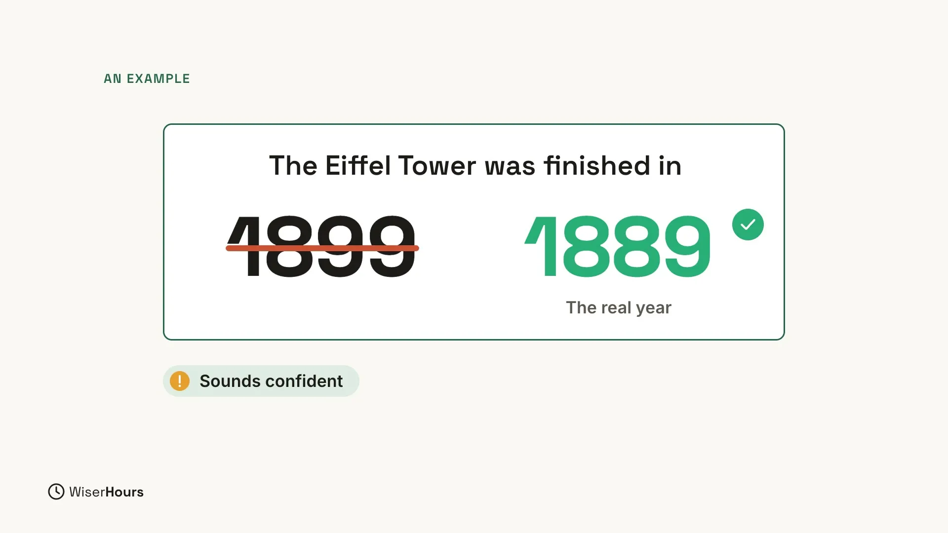 A box that says The Eiffel Tower was finished in, with 1899 crossed out in red and 1889 in green with a tick, labelled The real year. Under the box, a warning label says Sounds confident.