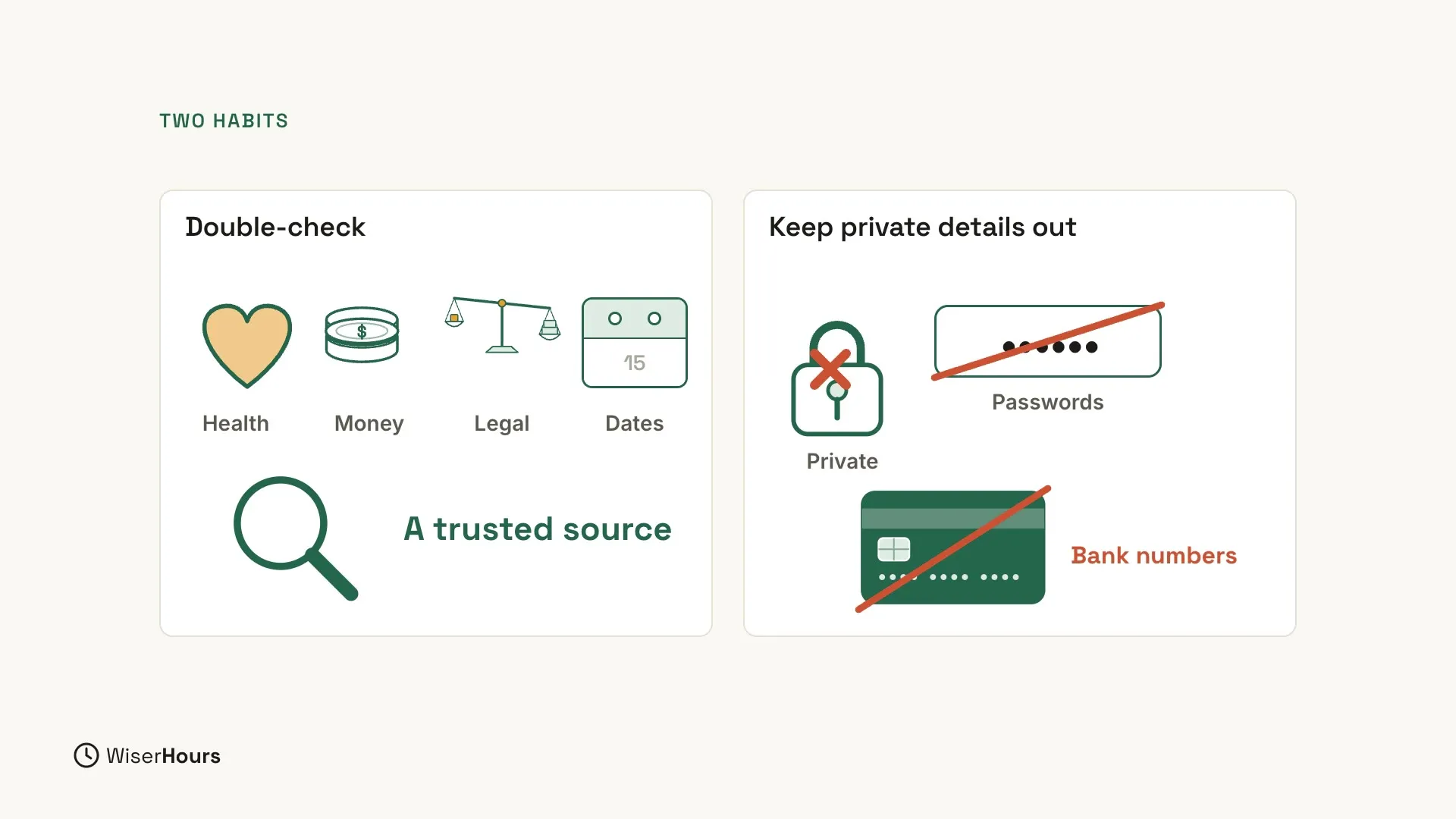 Two cards. The first, Double-check, shows small drawings for Health, Money, Legal and Dates, then a magnifying glass and the words A trusted source. The second, Keep private details out, shows a padlock labelled Private with a red cross, and a password box and a bank card, each struck through in red, labelled Passwords and Bank numbers.