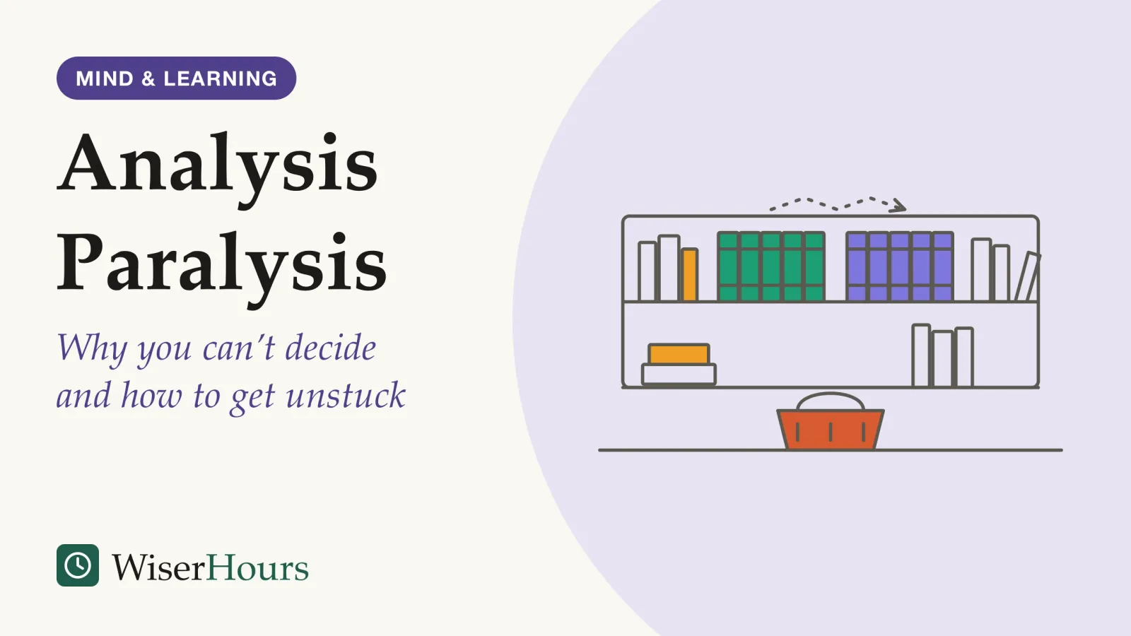 An illustrated cover card headed “Analysis Paralysis”, with the line “Why you can’t decide and how to get unstuck”. Line drawing of a bookstore shelf with two matching encyclopedia sets side by side, one teal and one purple, among ordinary books. A dotted line zig-zags back and forth between the two sets, and an empty shopping basket stands on the floor in front of the shelf.