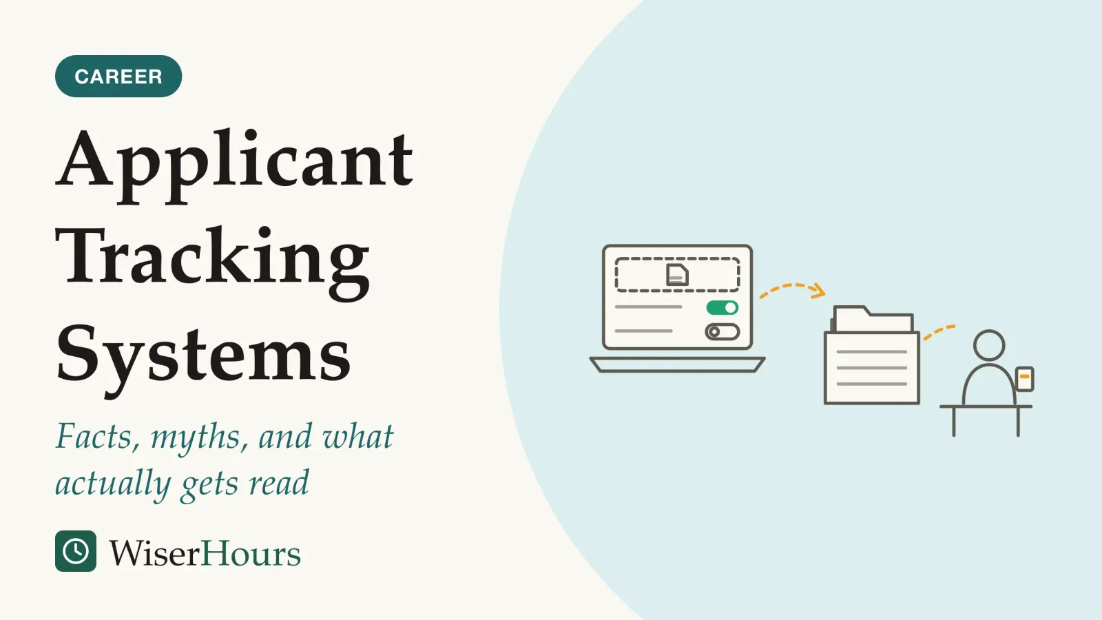 An illustrated cover card headed “Applicant Tracking Systems”, with the line “Facts, myths, and what actually gets read”. Line drawing of a laptop showing an online application with a file upload box and two yes or no questions, a dashed path from the laptop to a stack of file folders, and a person seen from behind at a desk reading a single page.
