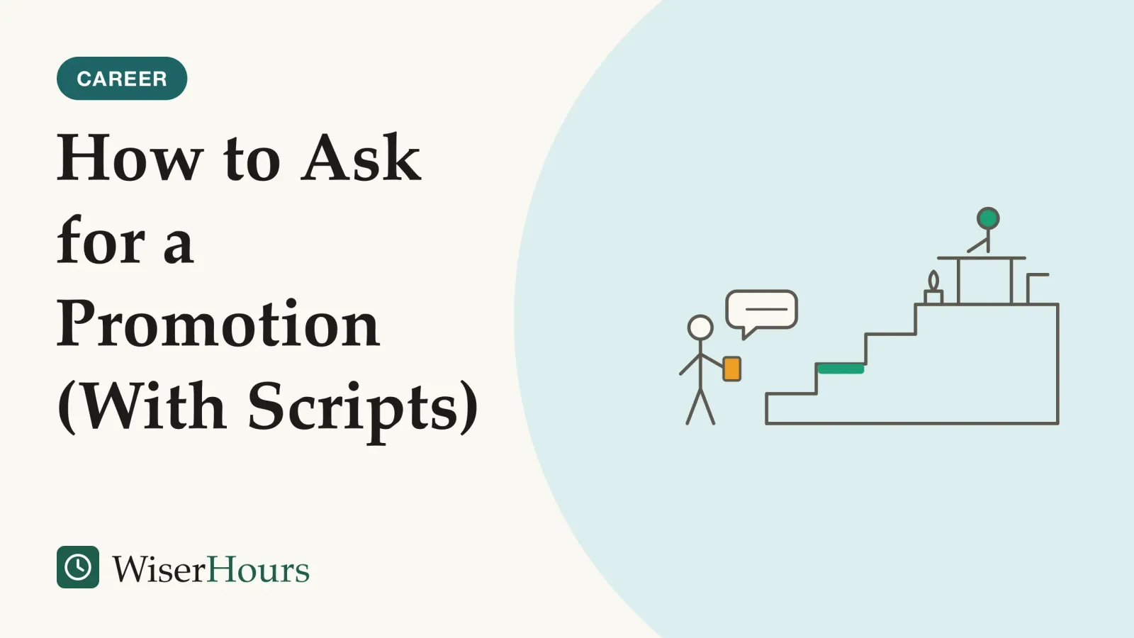 An illustrated cover card headed “How to Ask for a Promotion (With Scripts)”. Line drawing of a person at the foot of a short flight of stairs holding a slim folder, with one step highlighted, and a second person sitting at a desk at the top; a small speech bubble sits between them.