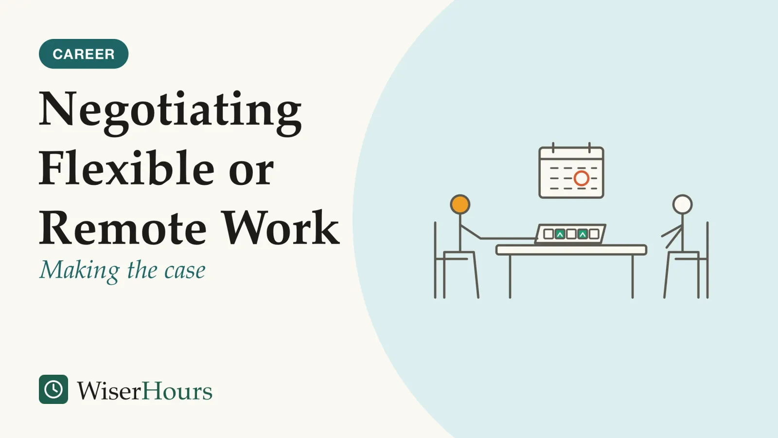 An illustrated cover card headed “Negotiating Flexible or Remote Work”, with the line “Making the case”. Line drawing of two people seated at a small table with one sheet of paper between them showing a working week as five boxes, two marked with a small house, and a wall calendar behind them with one date circled.
