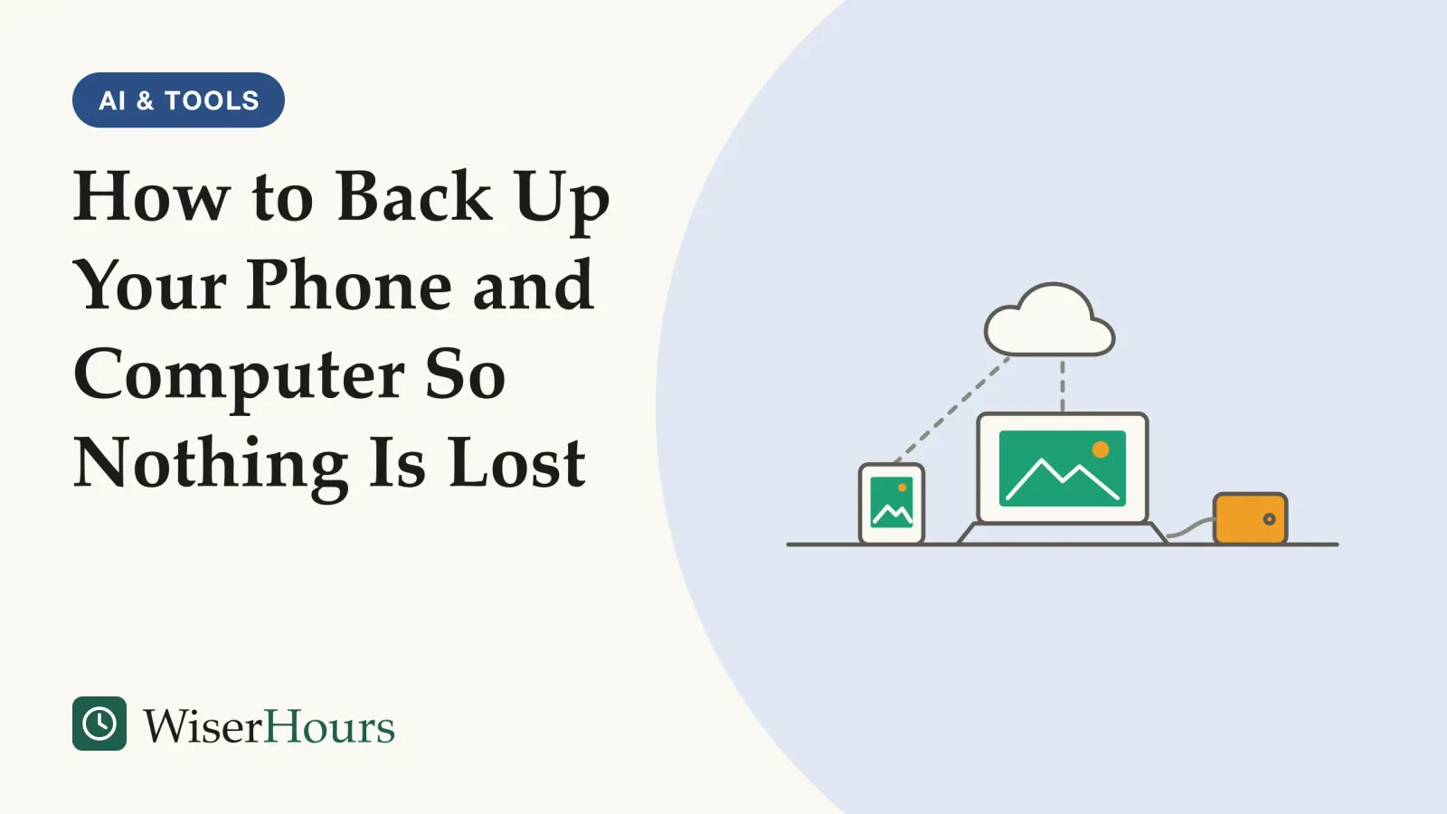 An illustrated cover card headed “How to Back Up Your Phone and Computer So Nothing Is Lost”. Line drawing of a desk: an open laptop showing a photo of a mountain and sun, a phone beside it showing the same photo, and a small external drive joined to the laptop by a cable, with a cloud above linked to the phone and the laptop by dashed lines.