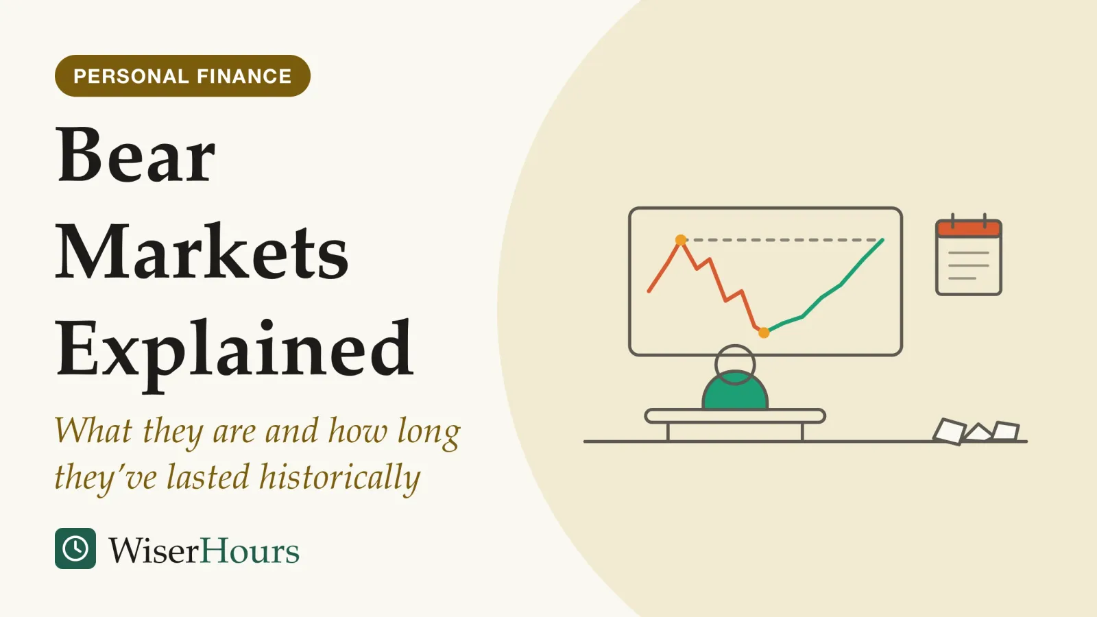 An illustrated cover card headed “Bear Markets Explained”, with the line “What they are and how long they’ve lasted historically”. Line drawing of a person seated on a bench, seen from behind, looking at a large wall chart. The chart line rises, falls steeply, then climbs slowly back up to a dashed line marking its old high. Beside the chart hangs a wall calendar, with torn-off pages lying on the floor below it.