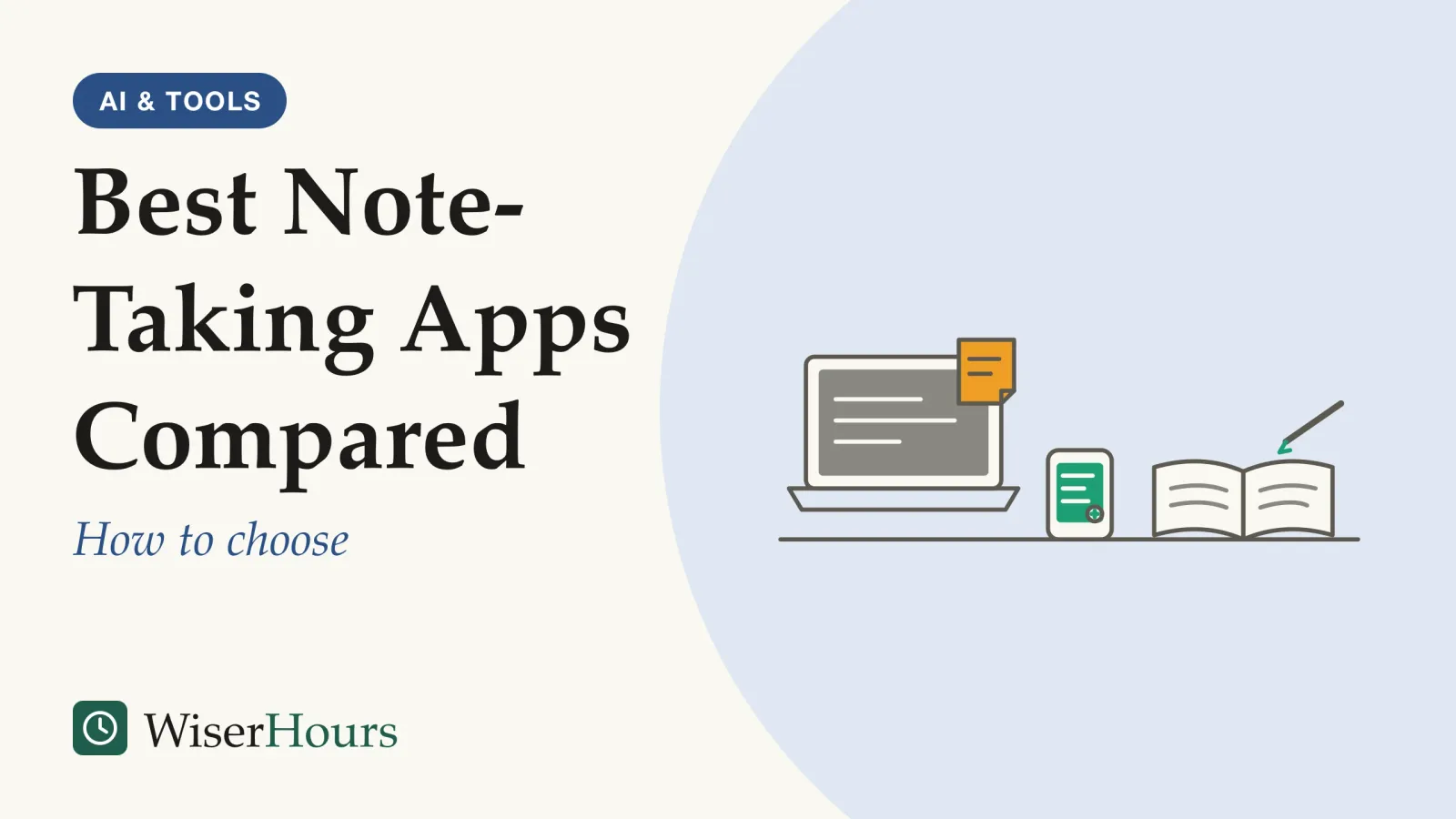 An illustrated cover card headed “Best Note-Taking Apps Compared”, with the line “How to choose”. Line drawing of a desk: a laptop with a yellow sticky note on the edge of its screen, a phone lying flat showing a few short lines of a note and a plus button, and an open paper notebook with a pen.