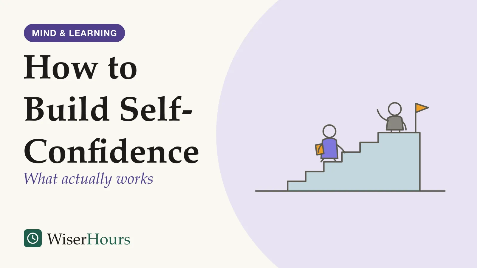 An illustrated cover card headed “How to Build Self-Confidence”, with the line “What actually works”. Line drawing of a person climbing a staircase of small, even steps with a notebook under one arm. On a higher landing, a second person raises an arm toward them, and a small flag stands at the top.